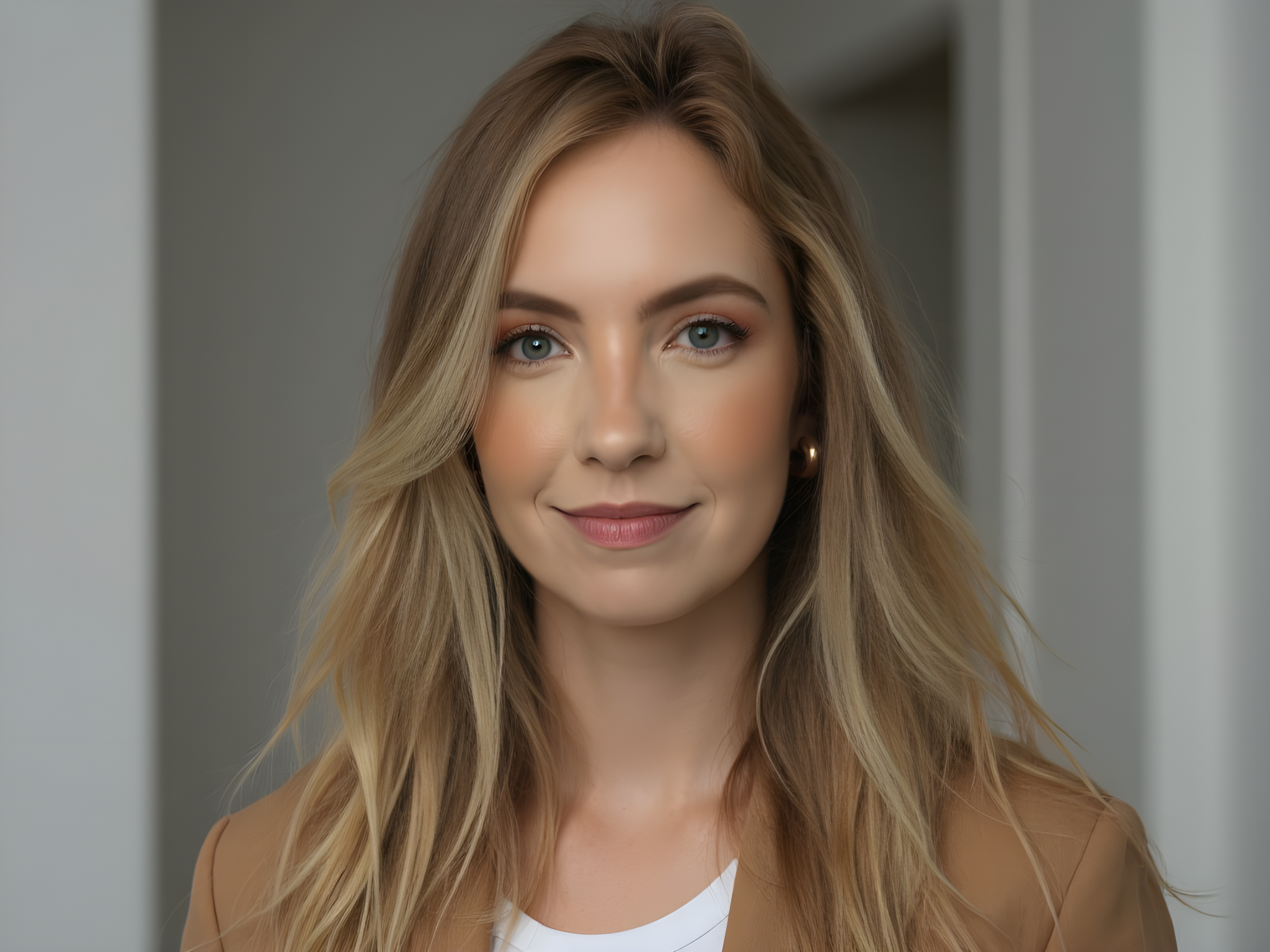 "Professional portrait of a woman with long blonde hair and a warm smile, wearing a beige blazer, set against a neutral background."