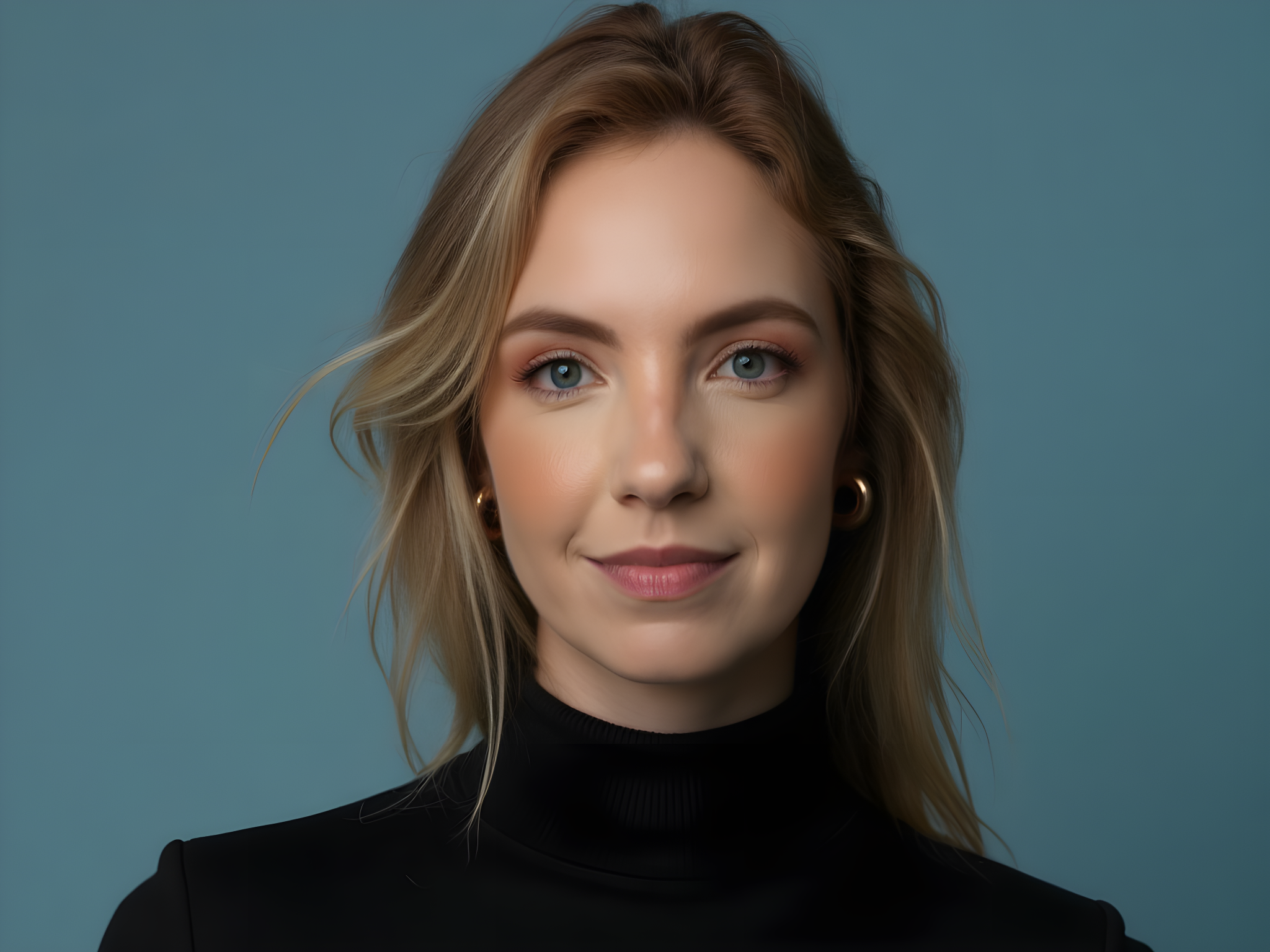 "Portrait of a woman with long blonde hair and subtle makeup against a blue background, wearing a black turtleneck."