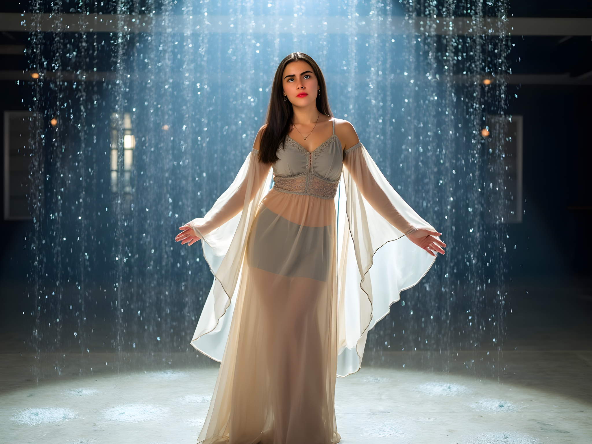 "Model in ethereal gown illuminated by cascading water droplets creating a magical atmosphere."