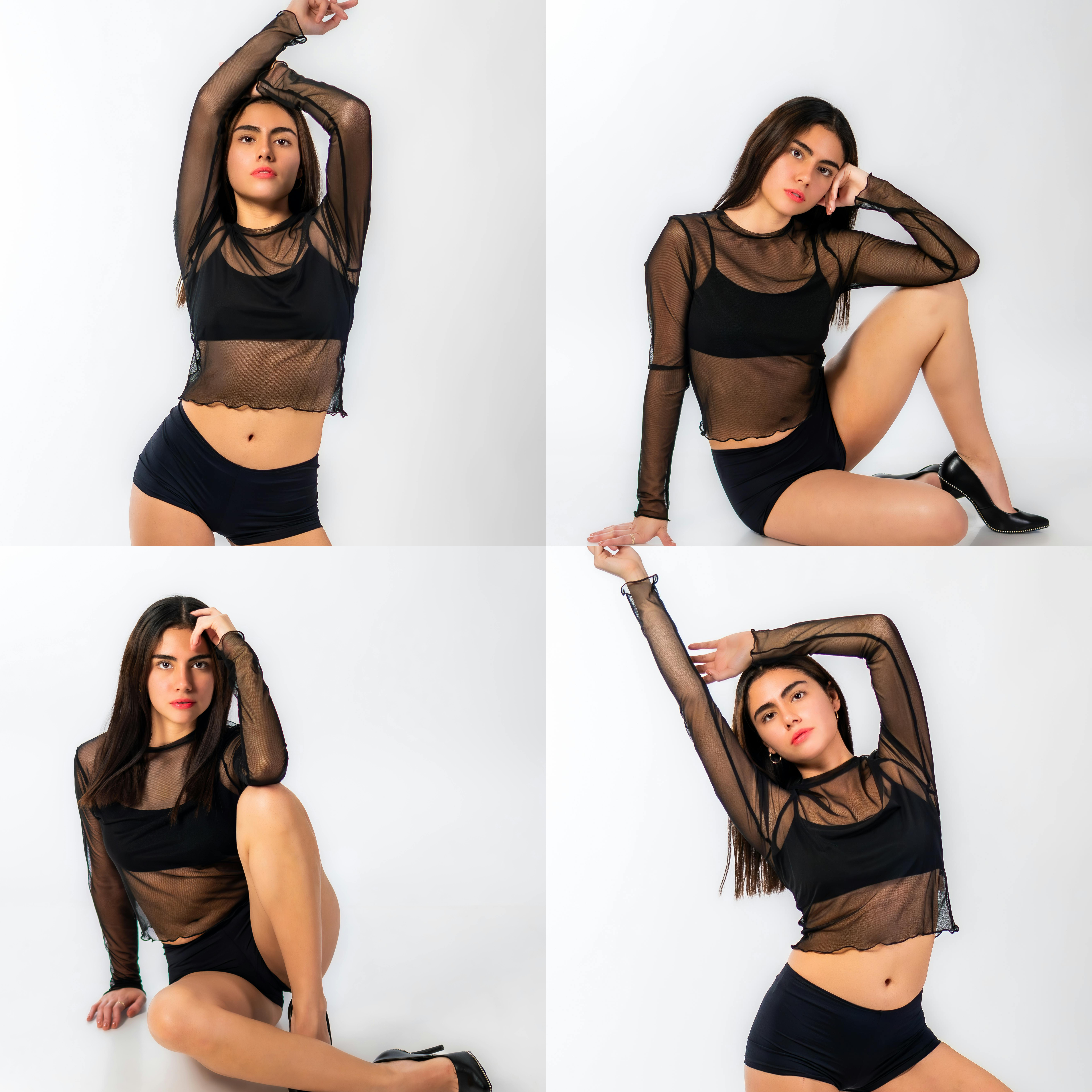 "Fashion model in a sheer black long-sleeve top and shorts, posing gracefully against a white background in four dynamic images, showcasing modern style and elegance."
