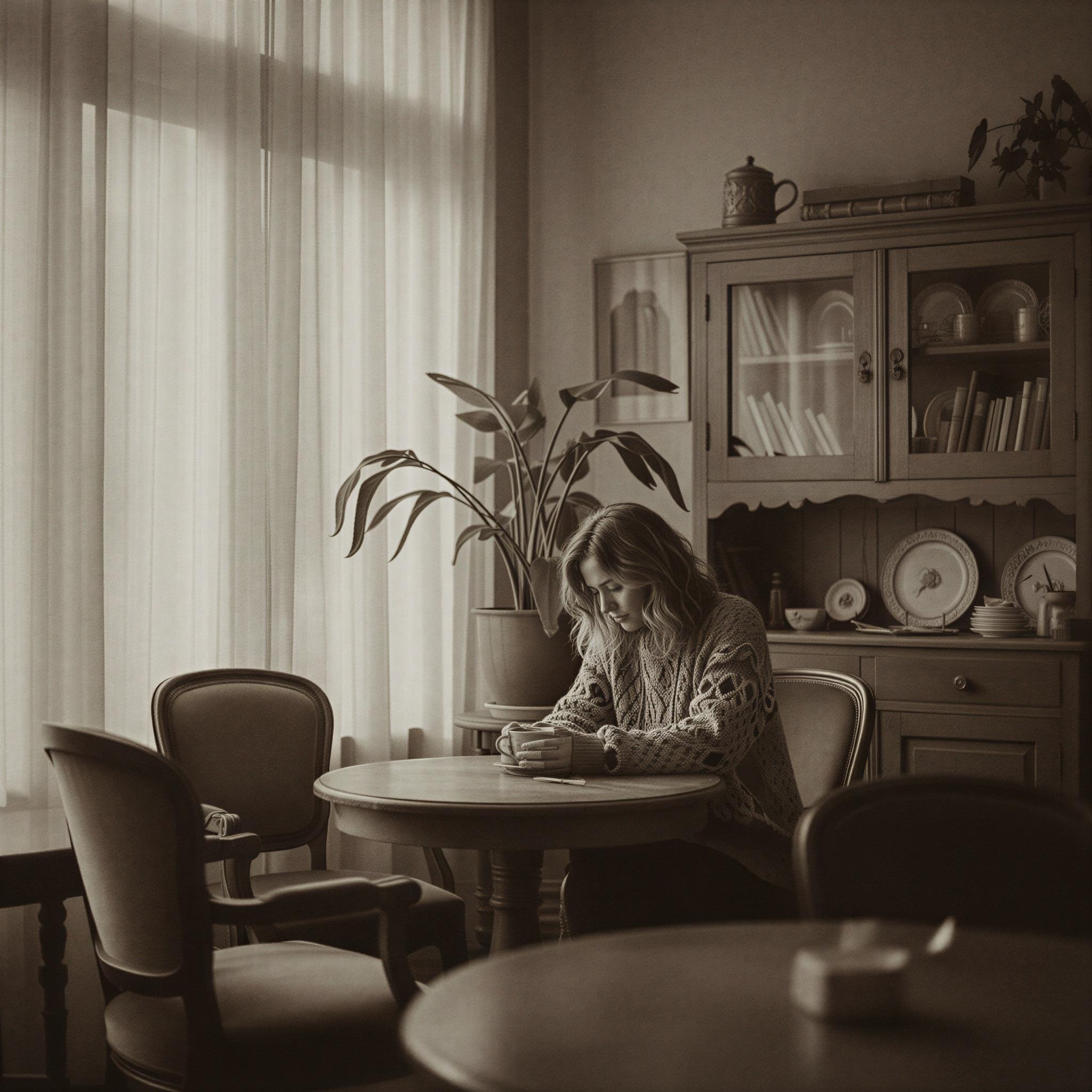 35mm film aesthetic photography, intimate cafe moment, diffused window light through sheer curtains, subtle film grain, muted sepia tones, bohemian texture, quiet introspection, vintage European setting, soft focus bokeh, evocative mood, high-resolution analog capture, magazine quality editorial