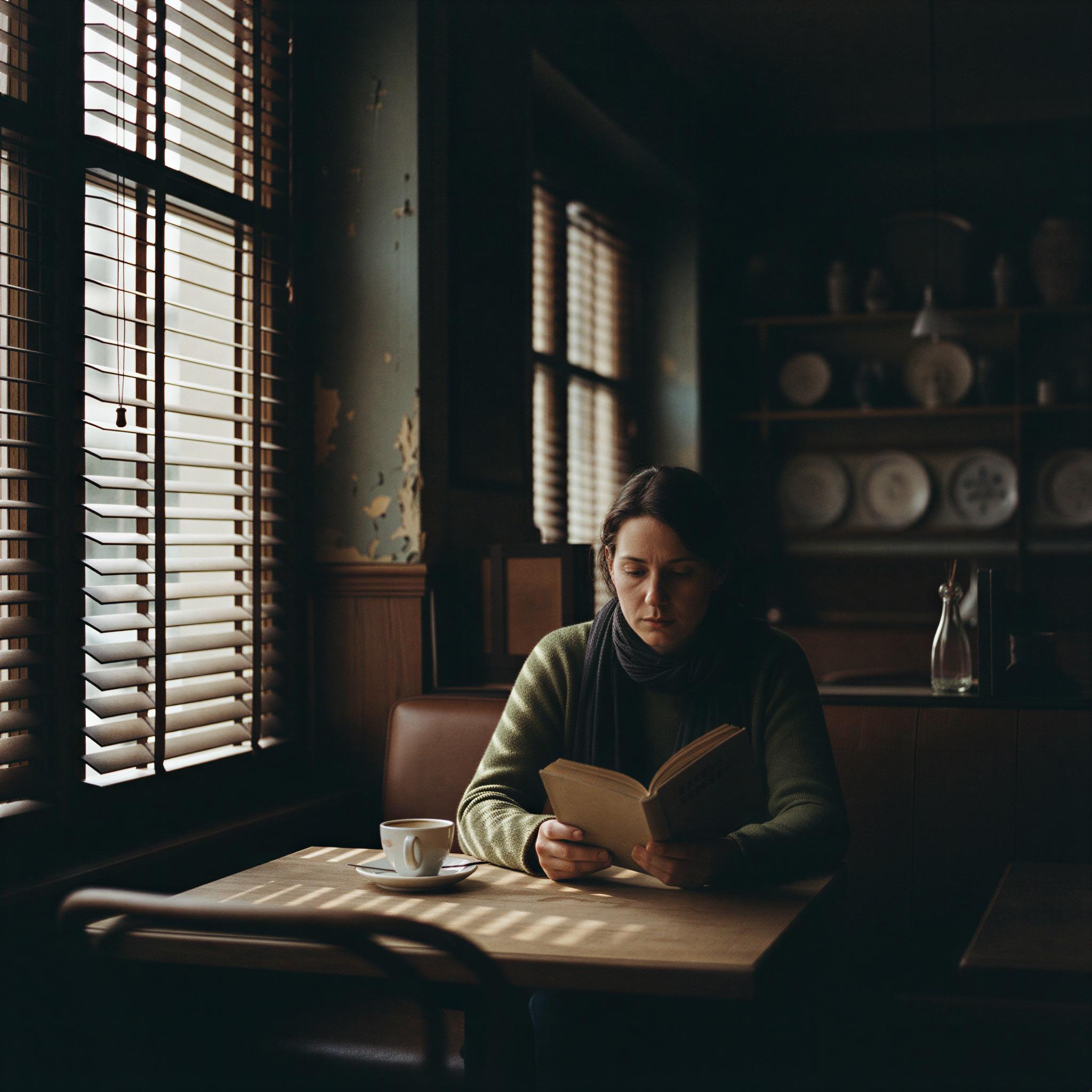 35mm film aesthetic photography, dimly lit Parisian cafe moment, deep shadows and bright window highlights, visible film grain, muted earthy tones, introspective mood, vintage worn textures, natural light filtering through blinds, cinematic still, magazine quality analog portrait