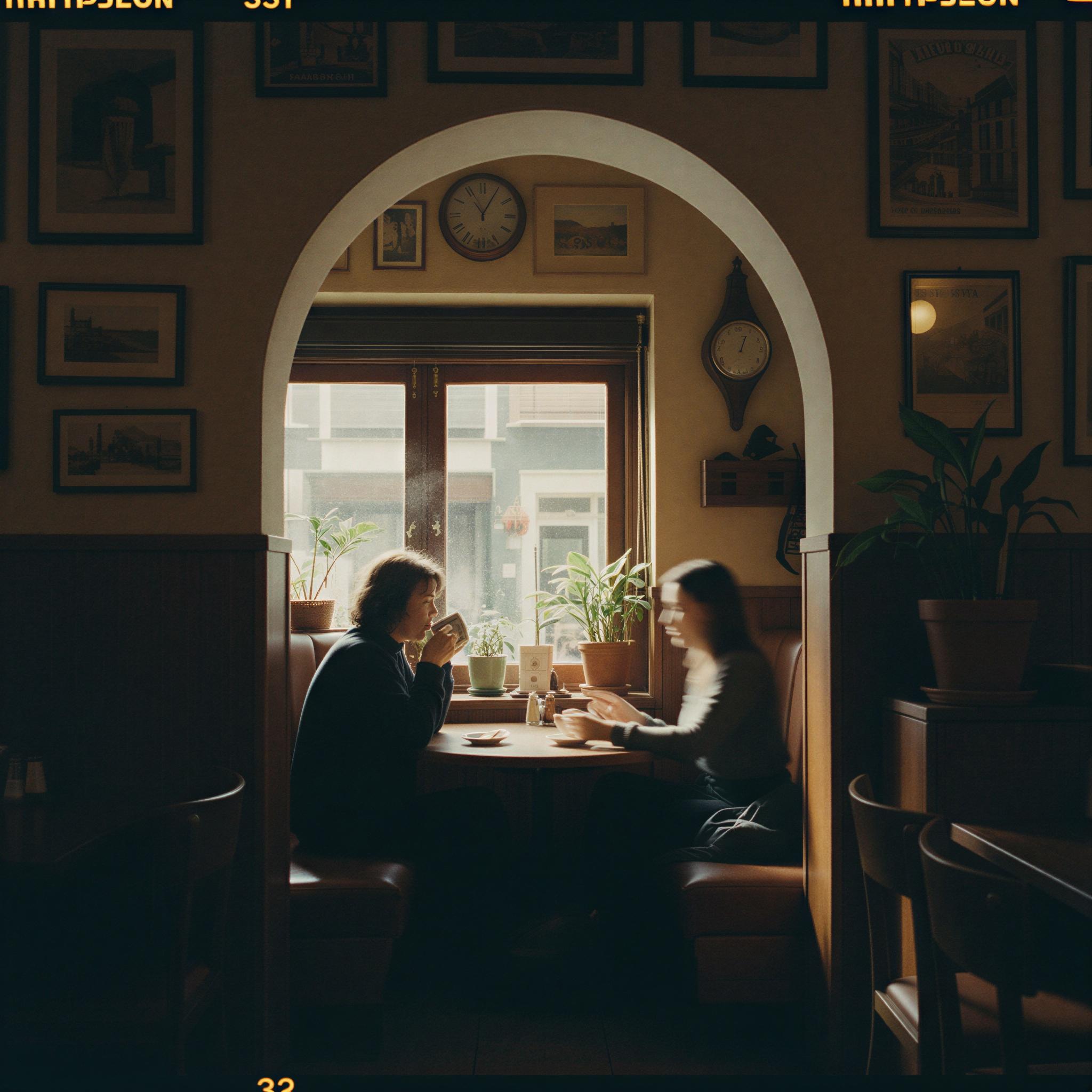 35mm film aesthetic photography, intimate cafe moment, deep shadows contrasting soft window light, rich earthy tones, subtle motion blur suggesting passing time, Wes Anderson inspired symmetry, melancholic yet cozy mood, genuine analog texture, high-resolution film scan, Vogue editorial style