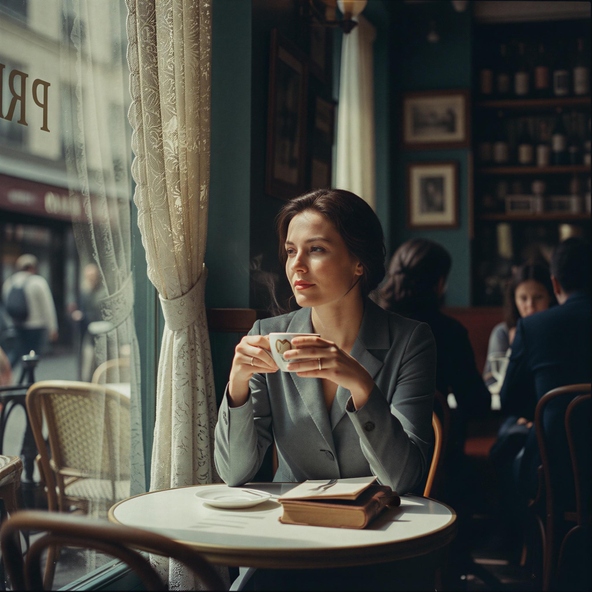 35mm film aesthetic photography, intimate cafe setting, dappled sunlight through lace curtains, subtle film grain, desaturated muted colors, introspective mood, vintage Parisian bistro ambiance, soft focus bokeh, authentic analog portraiture, cinematic composition, magazine quality archival look