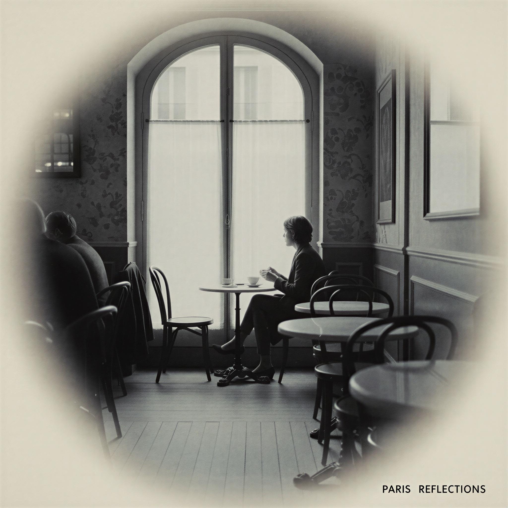 35mm film aesthetic photography, Parisian cafe moment, overcast daylight filtering through window, muted pastel tones, subtle film grain, reflective mood, intimate vignette, high-contrast black and white texture, vintage cinematic framing, quiet contemplation, magazine quality analog shot