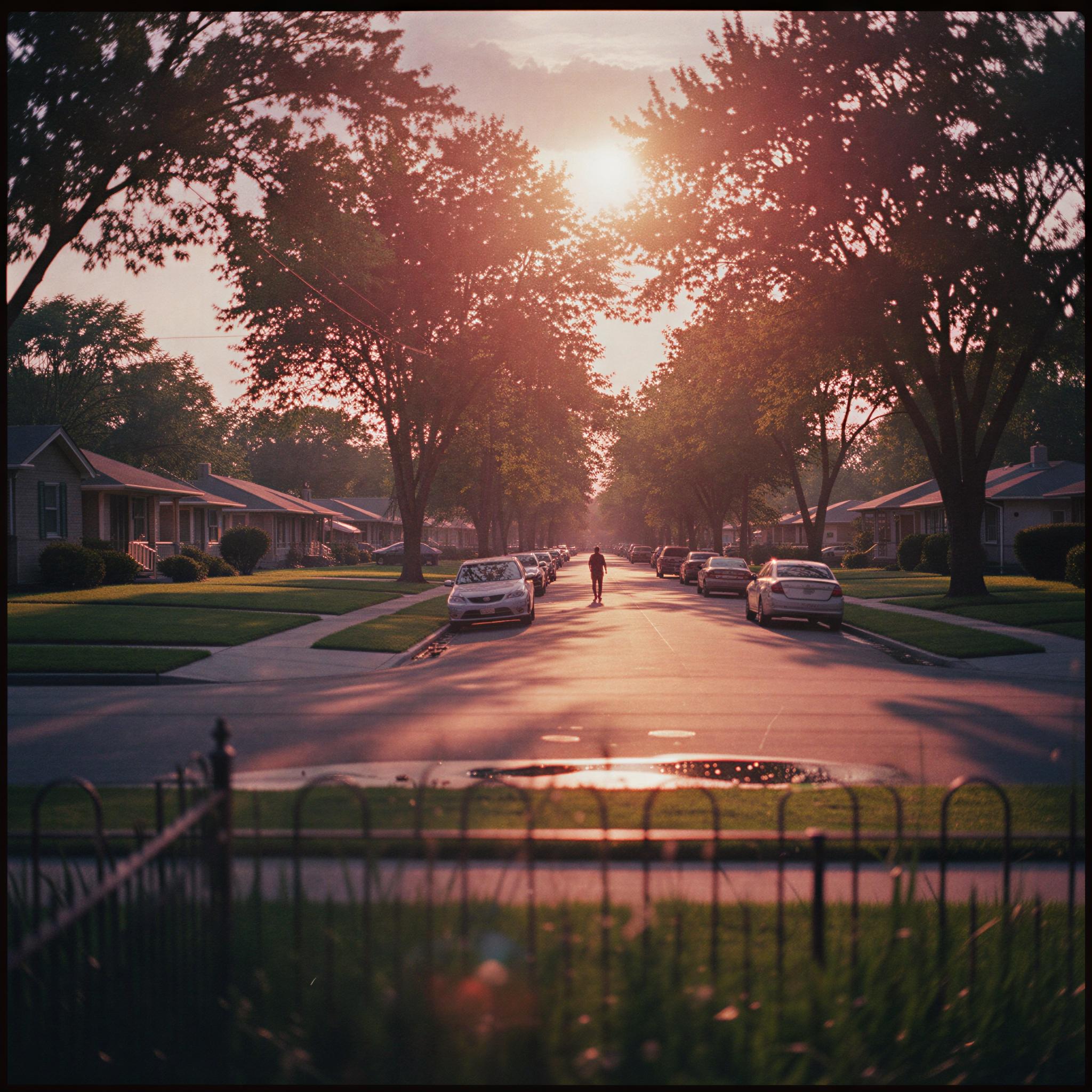 35mm film aesthetic photography, diffused golden hour sunlight washing over a quiet suburban street, deep magenta and orange hues, noticeable film grain and slight color bleed, reflective surfaces, quiet longing mood, shallow depth of field, cinematic editorial quality, authentic vintage texture