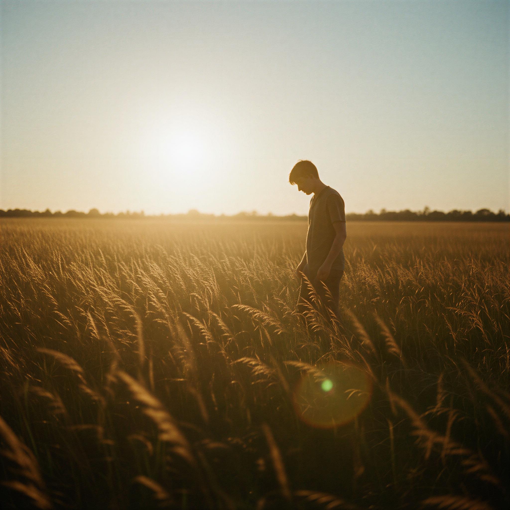 35mm film aesthetic photography, warm golden hour lighting, authentic Kodak Portra color tones, visible film grain texture, soft analog lens flare, candid moment in a sun-drenched field, melancholic and warm mood, vintage documentary style, magazine quality analog capture