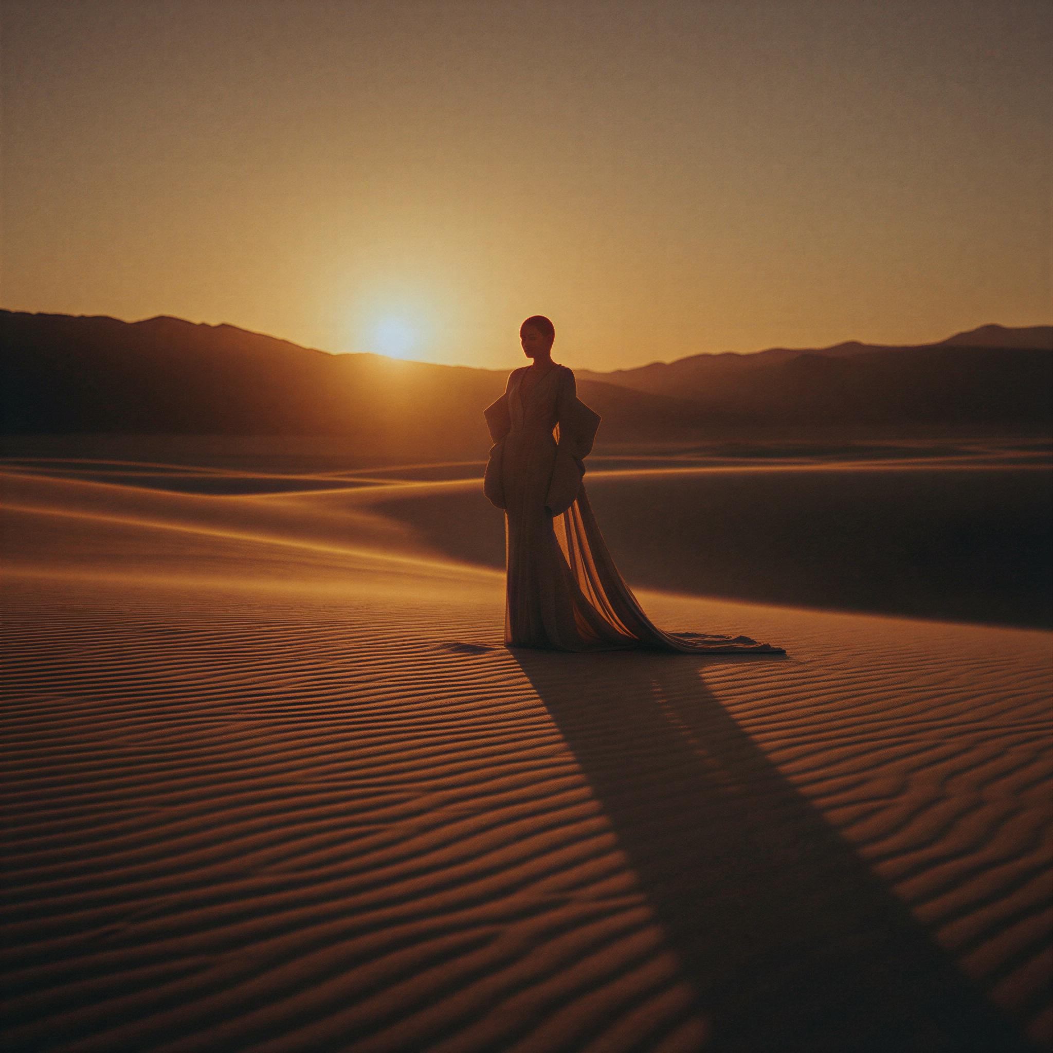 35mm film aesthetic photography, deep sunset golden hour casting long shadows, saturated warm tones, noticeable film grain, slightly underexposed for moody effect, serene contemplative moment, soft focus depth of field, vintage cinematic quality, evocative atmosphere, high fashion editorial style