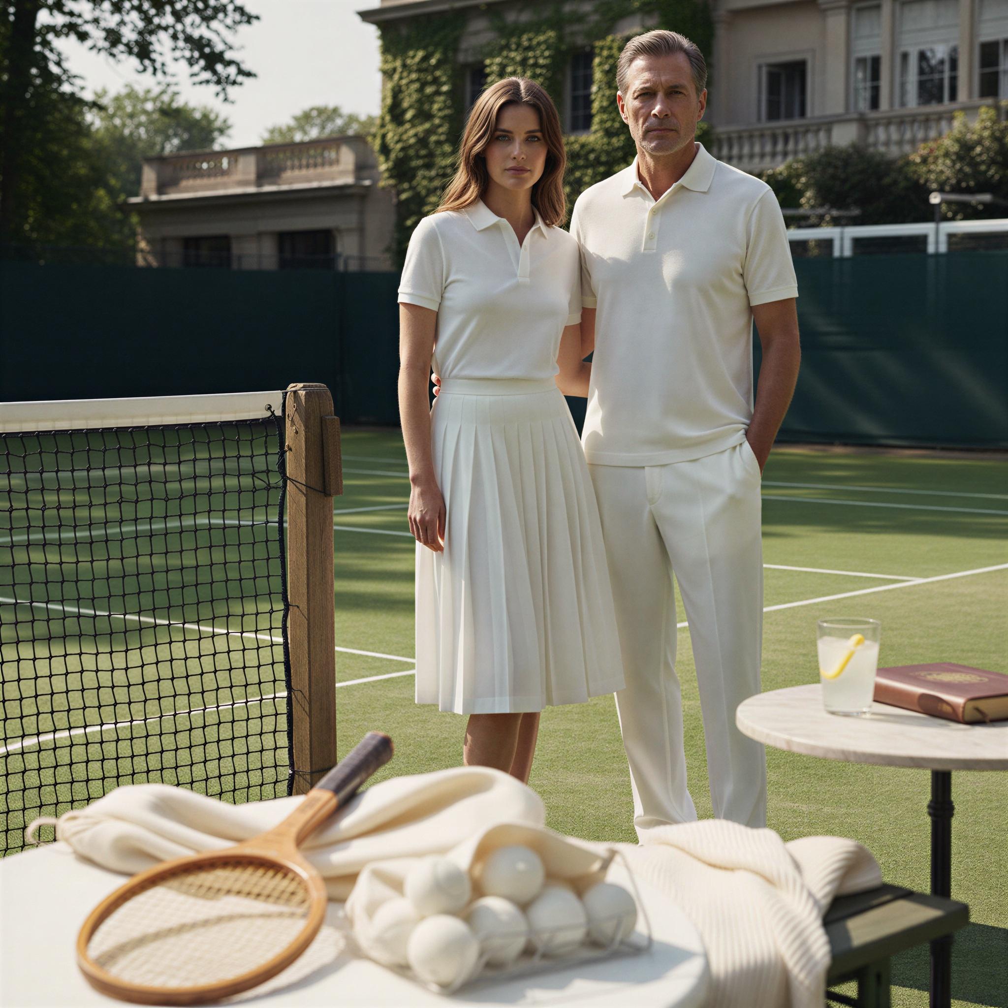 Old money aesthetic photography, sun-drenched private tennis club, crisp pleated whites, emerald green courts, soft focus on vintage leather racquets, patrician composure, natural diffused daylight, quiet affluence, heritage brand editorial, quiet luxury, sophisticated framing, magazine quality shot