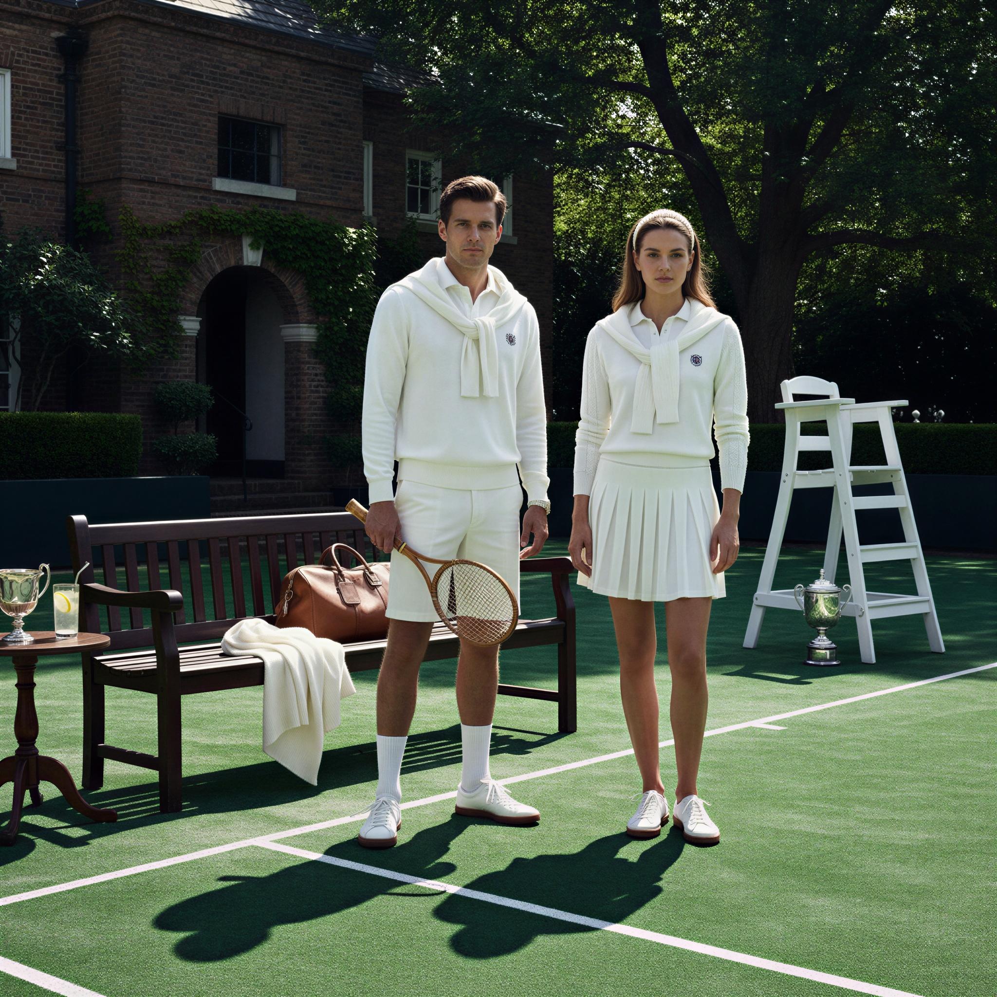 Old money aesthetic photography, exclusive tennis club backdrop, perfect emerald green court, sharp contrast lighting, crisp white sportswear textures, heritage aesthetic, subtle luxury details, refined composure, timeless preppy elegance, aspirational lifestyle editorial, high-definition magazine quality