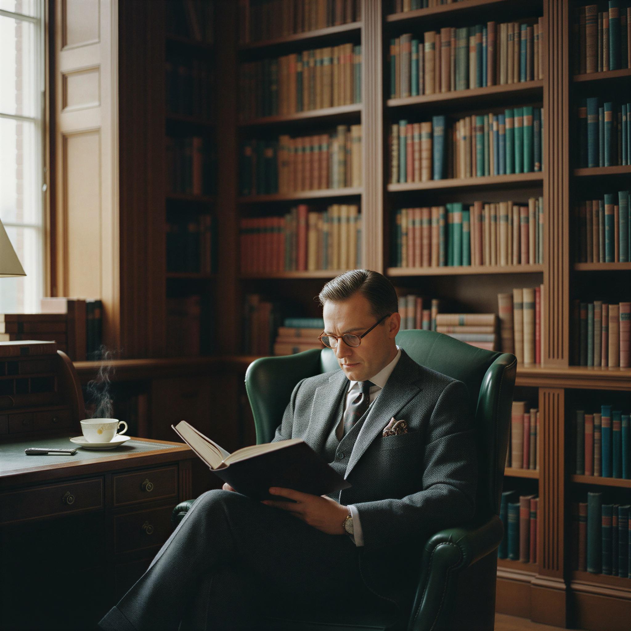 Old money aesthetic photography, luxurious private library setting, deep mahogany wood tones, ambient soft window light illuminating leather-bound books, quiet contemplation, classic tailoring silhouettes, subtle texture of fine tweed, sophisticated and intellectual mood, Hasselblad medium format quality, timeless editorial