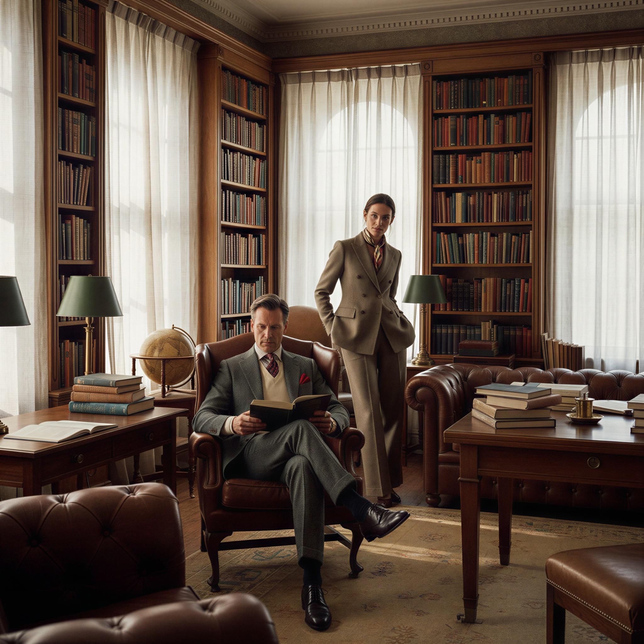 Old money aesthetic photography, private estate library setting, deep leather upholstery, mahogany accents, dappled morning light through sheer curtains, quiet contemplative mood, classic tailoring, Ivy League sophistication, subdued earth tones, high-end texture focus, Vogue editorial quality