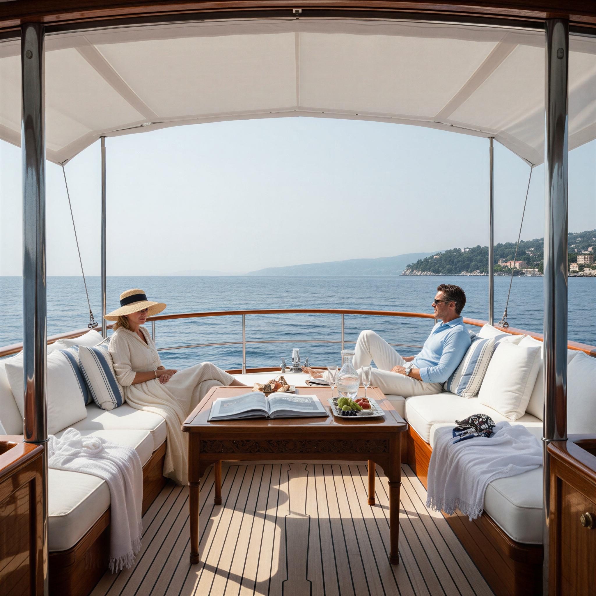 Old money aesthetic photography, panoramic view from a private yacht deck, soft diffused sunlight, crisp linen textures, deep ocean blue palette, sophisticated relaxation mood, architectural framing, timeless elegance, refined aspirational lifestyle, high-detail Hasselblad quality, summer retreat editorial