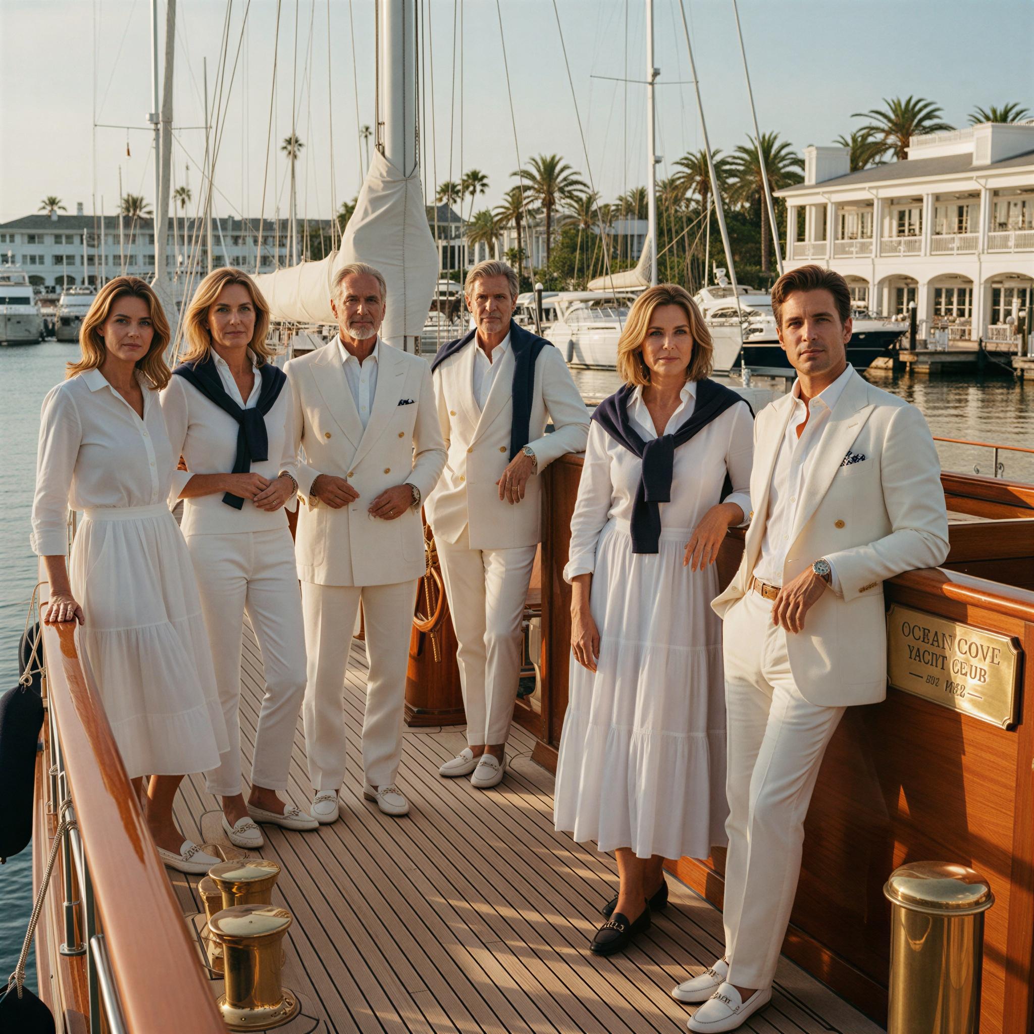 Old money aesthetic photography, prestigious yacht club setting, crisp white and navy attire, nautical brass details, polished mahogany deck, golden afternoon light, understated elegance, preppy sophistication, Ralph Lauren campaign style, generational wealth vibes, timeless composed posture, magazine quality editorial