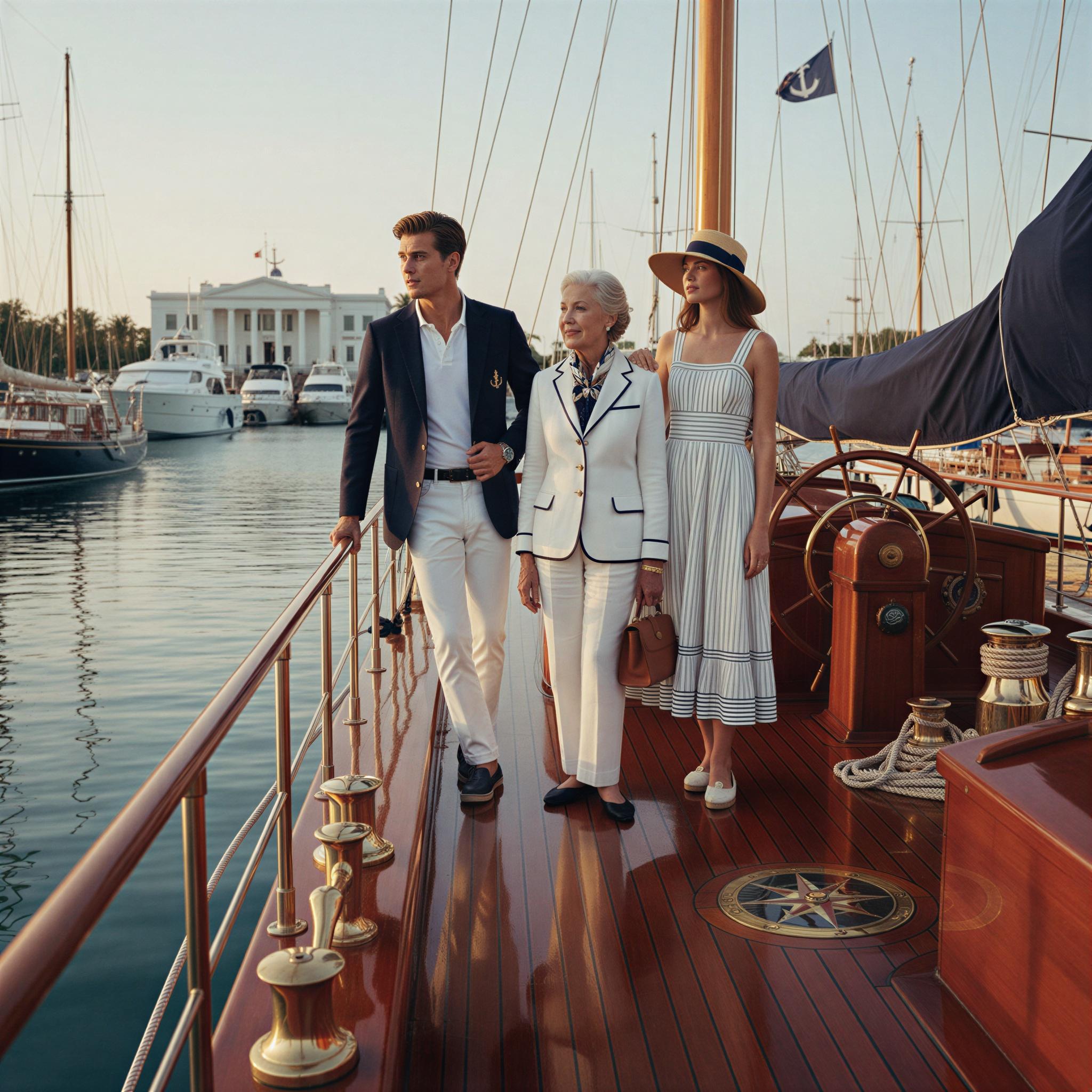Old money aesthetic photography, prestigious yacht club setting, crisp white and navy attire, nautical brass details, polished mahogany deck, golden afternoon light, understated elegance, preppy sophistication, Ralph Lauren campaign style, generational wealth vibes, timeless composed posture, magazine quality editorial