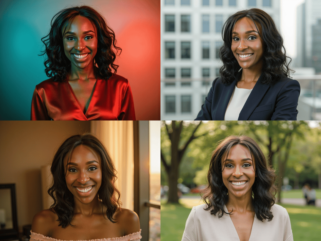 Collage of a smiling woman with curly hair in various settings and outfits, showcasing her vibrant personality.