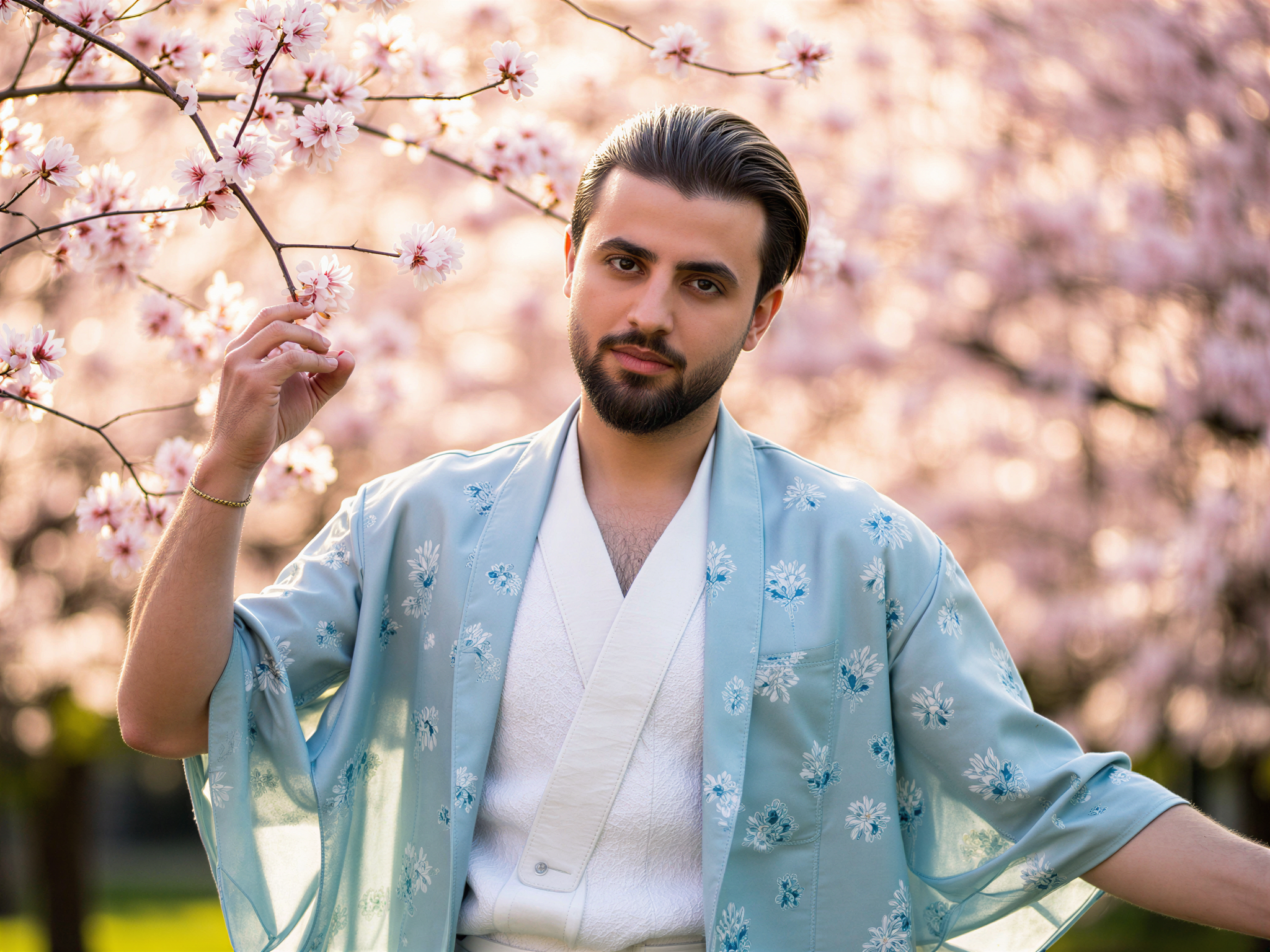 A 32-year-old male, OD62S, radiating joy in a vibrant outdoor setting that captures the essence of Nara, Japan. He stands against a backdrop of cherry blossoms in full bloom, wearing a tailored kimono in light blue with intricate floral patterns. His joyful expression is complemented by the soft sunlight filtering through the delicate petals, creating a warm, inviting atmosphere. The composition features the rule of thirds, with the blossoms framing his figure, enhancing the overall feeling of happiness and serenity. The pose conveys a relaxed confidence while he gently plays with the blossoms, bringing a sense of connection to nature and culture. This image is infused with a happy mood, designed to evoke feelings of peace and celebration of beauty.