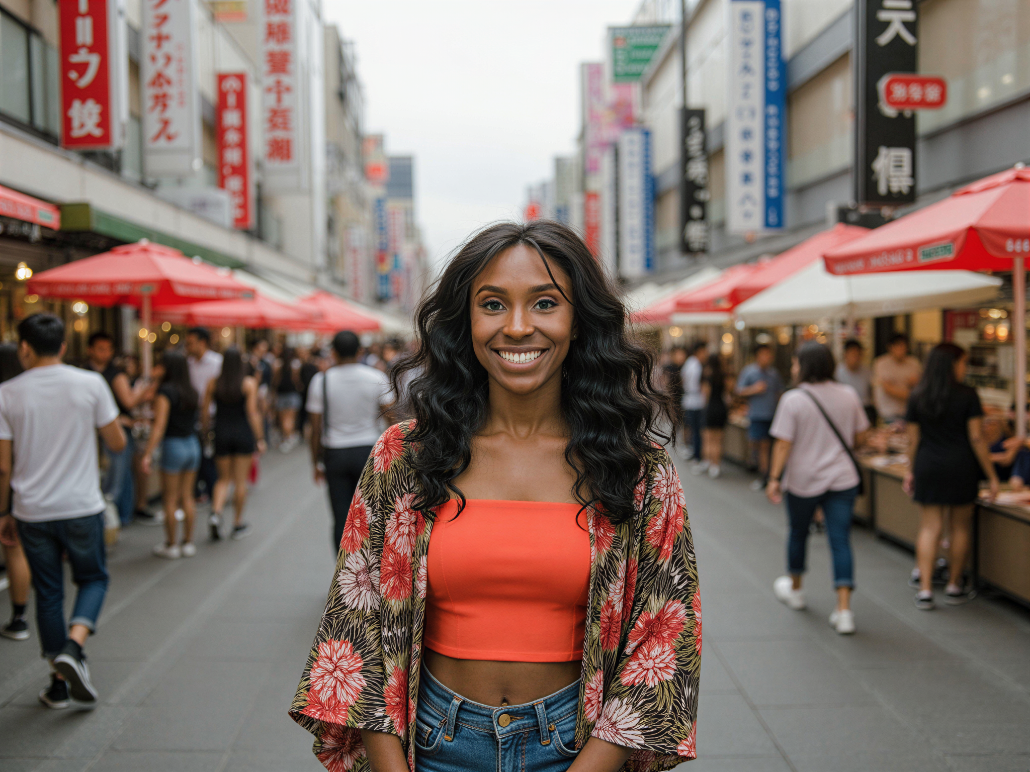 A vibrant street-style portrait of a female, OD62S, aged 28, joyfully exploring the lively streets of Osaka, Japan. She wears a colorful kimono-inspired jacket layered over a modern crop top, paired with high-waisted denim shorts and chic sneakers. Her hair is styled in loose waves, adorned with playful accessories that reflect the cultural vibrancy of the city. The background showcases bustling street markets and neon signs, immersing the viewer in the energy of Osaka. Soft, natural lighting enhances her radiant smile and creates an inviting, warm atmosphere, perfectly capturing the essence of happiness in this dynamic urban setting.