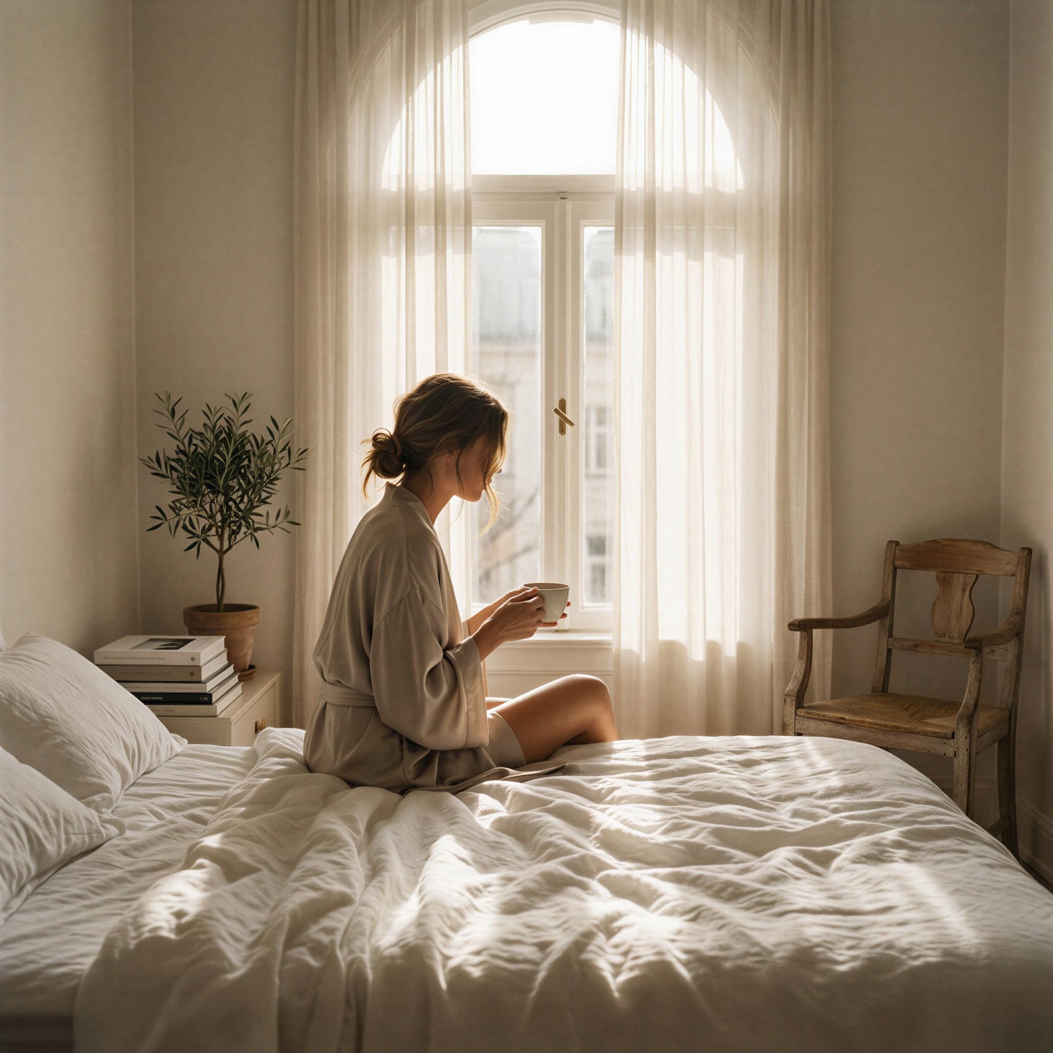 Vogue editorial style boudoir session, sun-drenched modern bedroom, soft diffused window light creating gentle highlights, intimate quiet morning mood, high thread-count white linen setting, sensual and relaxed composition, focus on texture and silhouette, fine art photography quality, sophisticated elegance