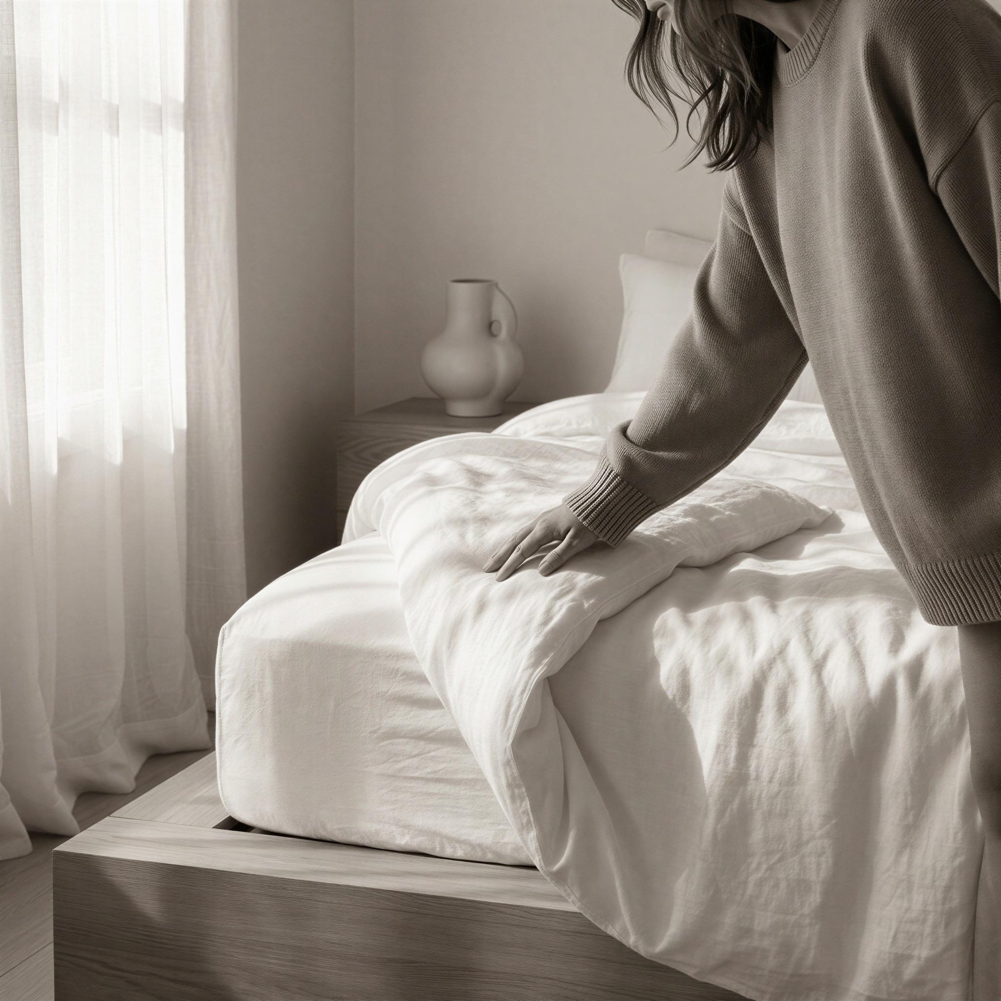 Vogue editorial style boudoir session, softly lit modern minimalist bedroom, diffuse natural window light creating soft shadows, mood of quiet confidence and vulnerability, crisp white linen textures, intimate close-up framing, highly detailed fabric textures, luxurious and serene atmosphere, fine art photography quality