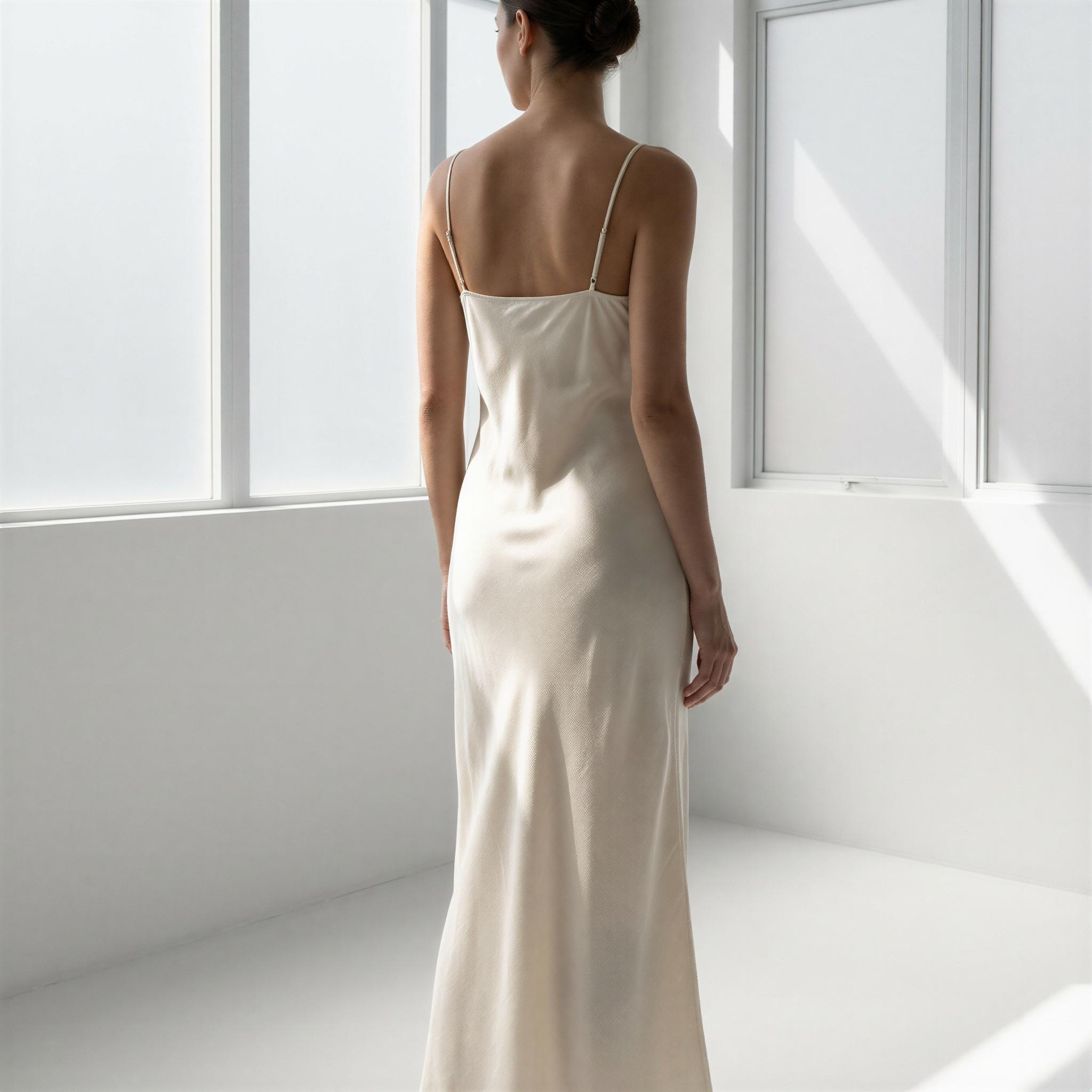 Vogue editorial style, minimalist boudoir session, stark white studio space, directional soft window light creating clean geometric shadows, serene contemplative mood, focus on fabric texture and silhouette, intimate yet sophisticated framing, high-resolution editorial photography standards, quiet elegance