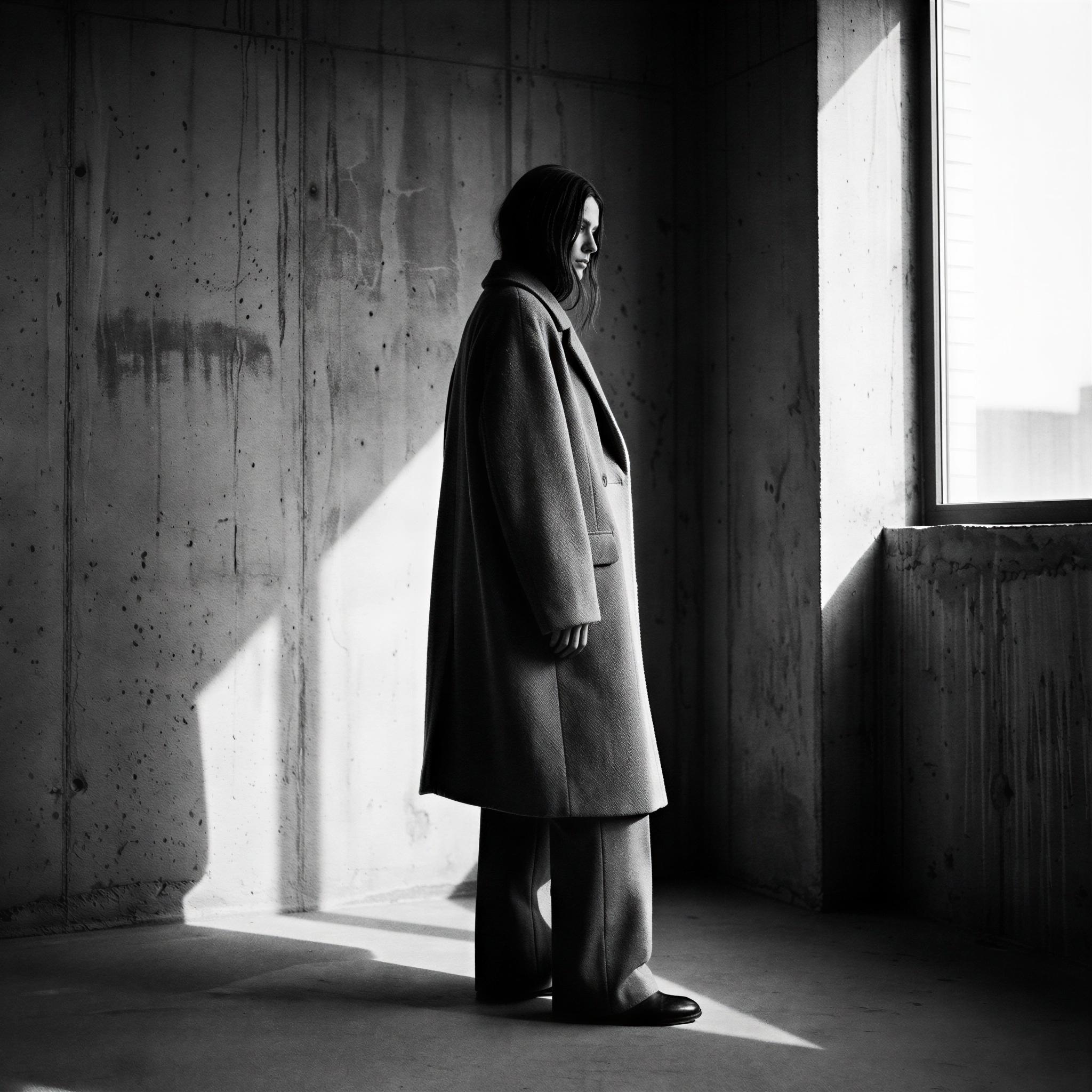 Vogue editorial style, single figure against raw concrete studio backdrop, stark side lighting creating deep dramatic shadows, minimalist aesthetic, quiet contemplative mood, focus on texture and silhouette, high-contrast monochrome, architectural composition, museum-quality fine art photography