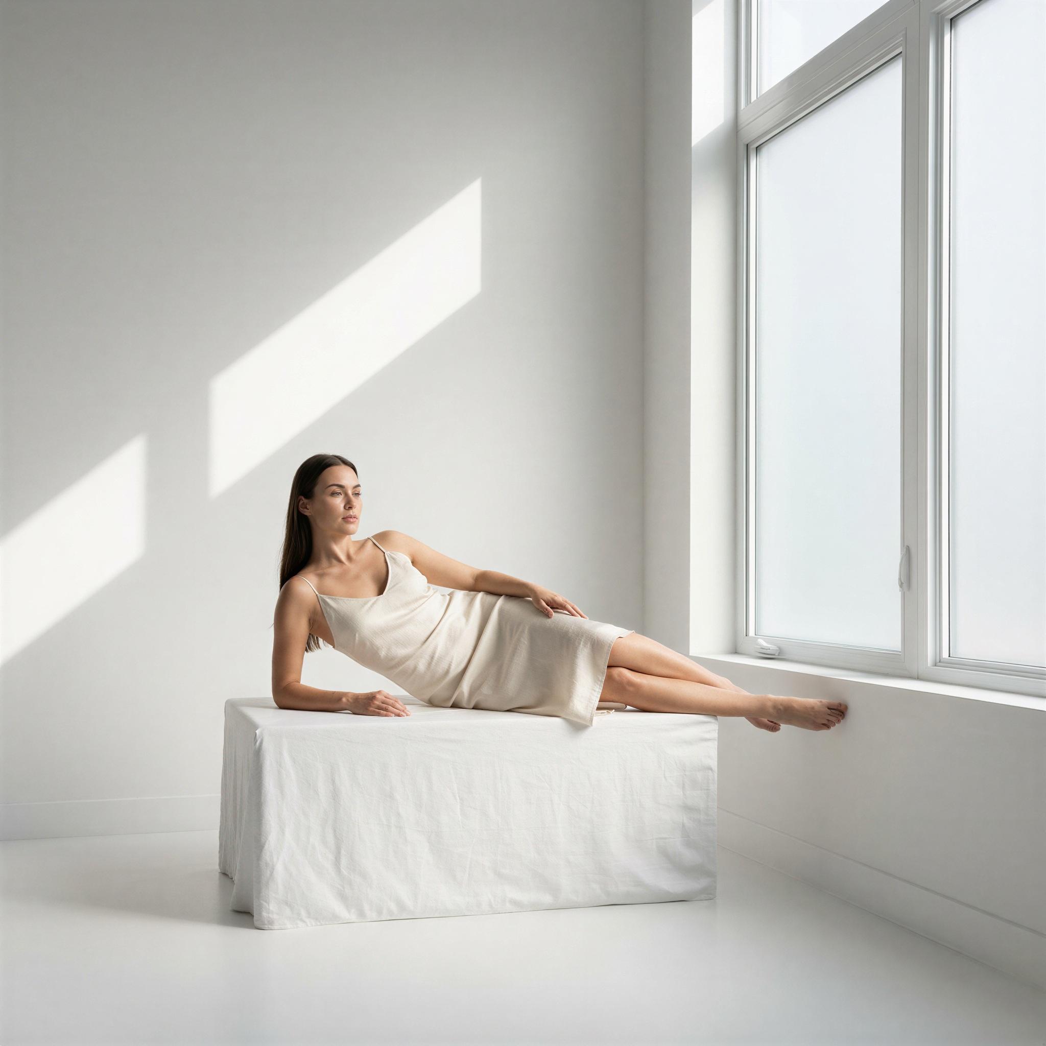 Vogue editorial style, minimalist boudoir session, stark white studio space, soft diffused northern window light creating gentle gradients, serene and confident pose, architectural shadow play, focus on texture and form, raw elegant intimacy, high-resolution fine art photography, clean composition