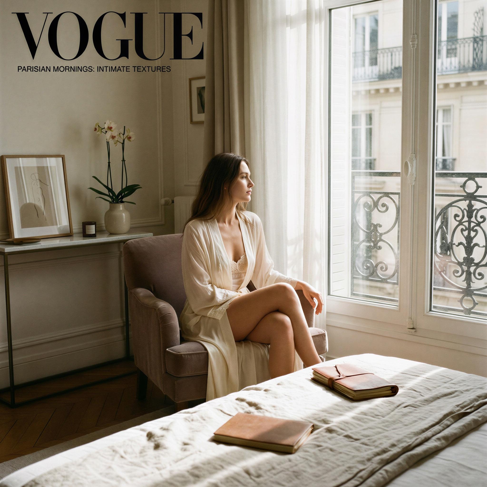 Vogue editorial style boudoir session, Parisian apartment setting with wrought iron balcony, soft diffused morning window light creating delicate shadows, intimate and contemplative mood, sheer fabrics, elegant minimalist decor, high-fashion composition, subtle texture study, magazine quality sensuality