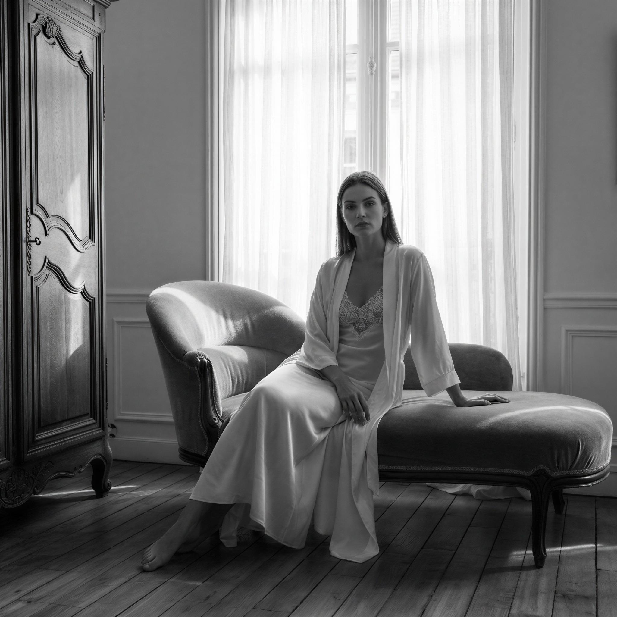 Vogue editorial style boudoir, minimalist Parisian apartment with soft diffused window light, elegant antique furniture, mood of quiet confidence and allure, intimate composition, high contrast monochrome photography, texture of silk and lace, sophisticated aesthetic, magazine quality fine art portraiture