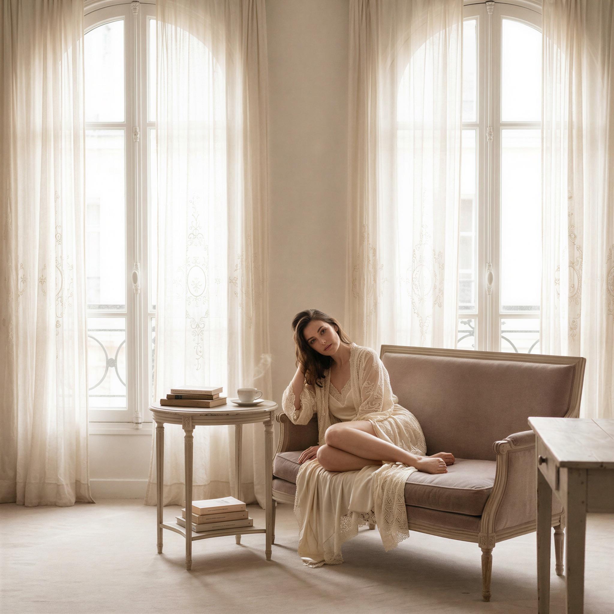 Vogue editorial style boudoir session, Parisian apartment loft, soft ethereal morning window light filtering through sheer curtains, intimate yet confident mood, antique lace details, elegant minimal setting, romantic European atmosphere, high-key photography, fine art composition, magazine quality portraiture