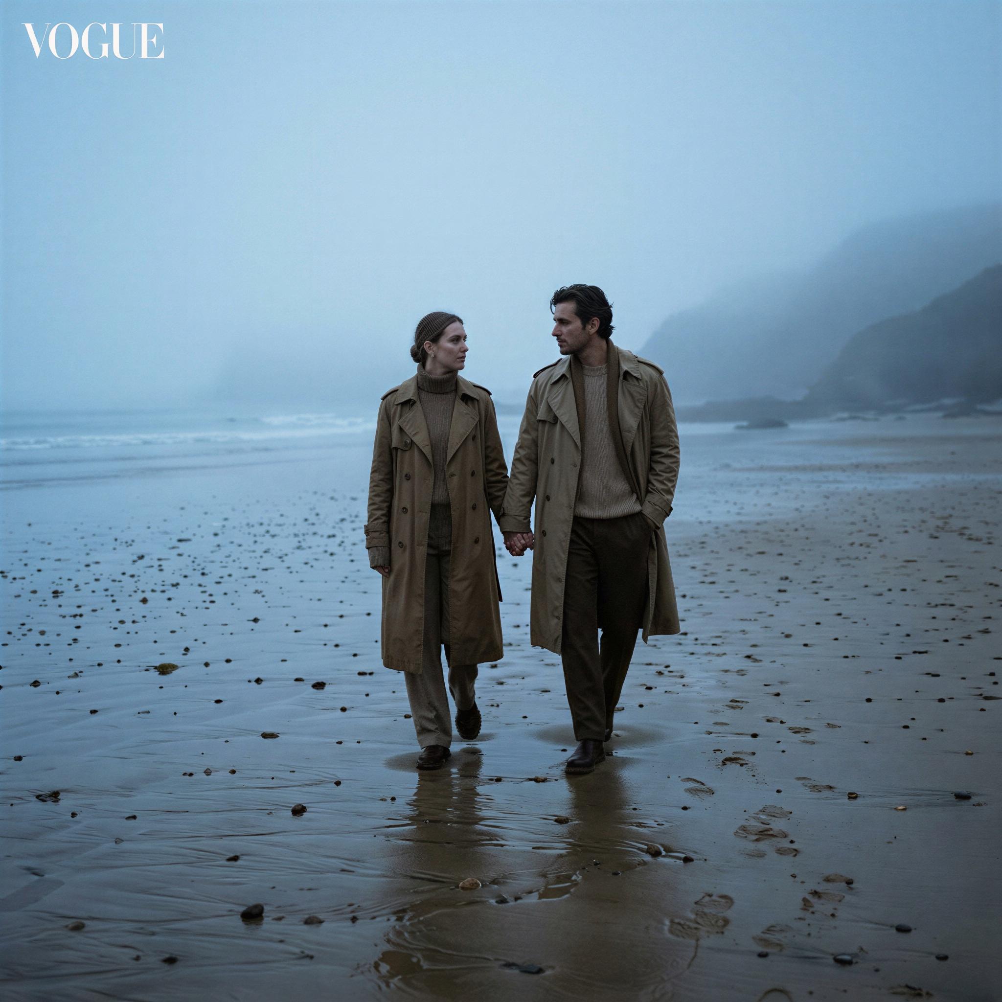 Vogue editorial style, stylish couple walking along misty shoreline at dawn, diffused cool soft window light mimicking morning fog, minimalist wet sand texture, quiet contemplation and serene connection, low-angle wide shot, high-fashion seaside aesthetic, sharp focus on texture, magazine quality ocean landscape