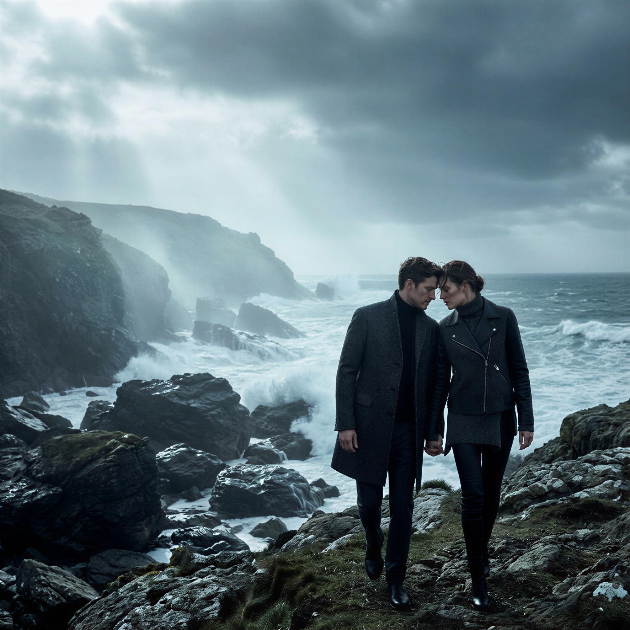 Vogue editorial style, couple walking hand-in-hand on windswept dramatic coastline, cool misty natural light filtering through clouds, moody romantic connection, strong textural elements in rocks and sea spray, cinematic wide shot composition, high-contrast professional fashion photography