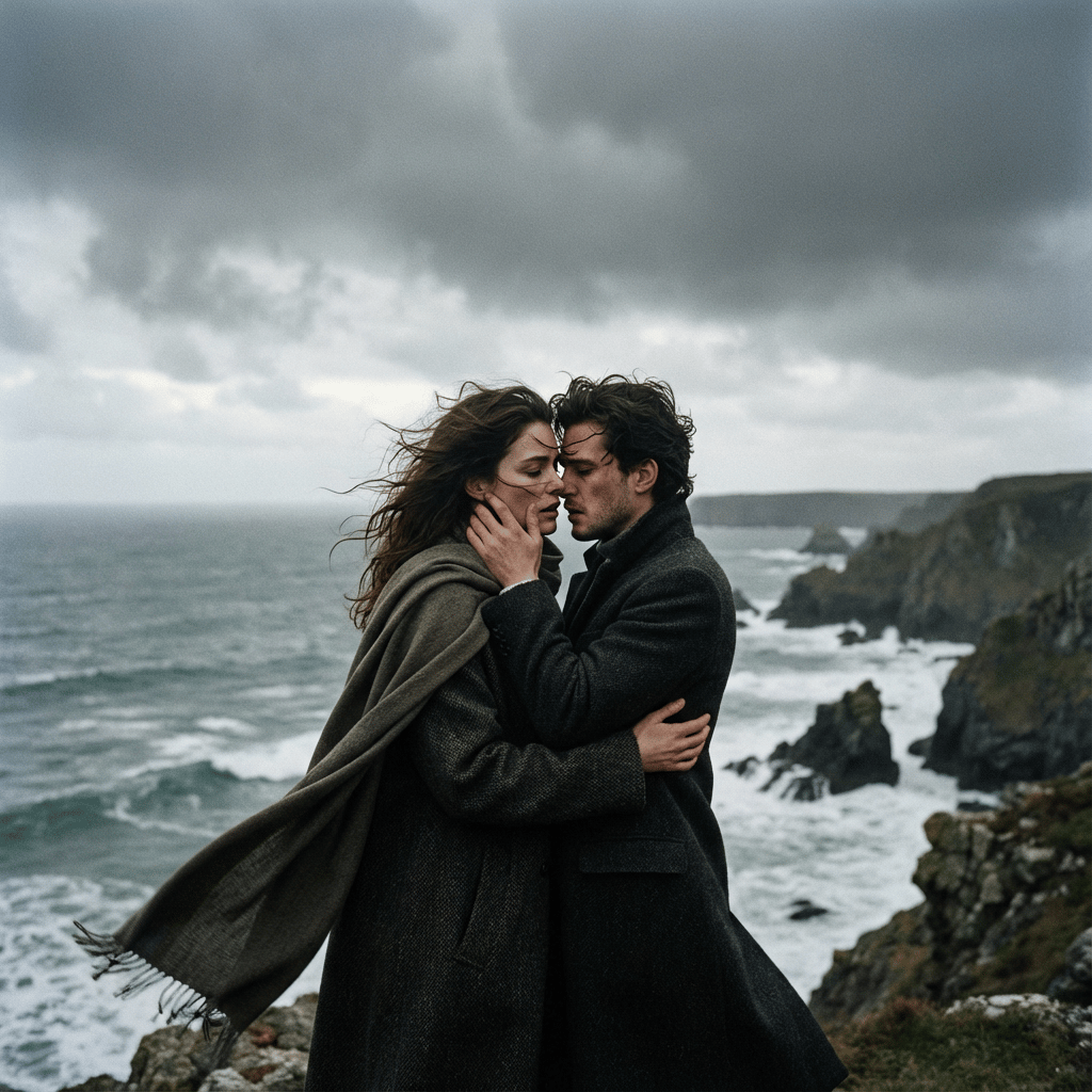 Vogue editorial style, couple walking hand-in-hand on windswept dramatic coastline, cool misty natural light filtering through clouds, moody romantic connection, strong textural elements in rocks and sea spray, cinematic wide shot composition, high-contrast professional fashion photography