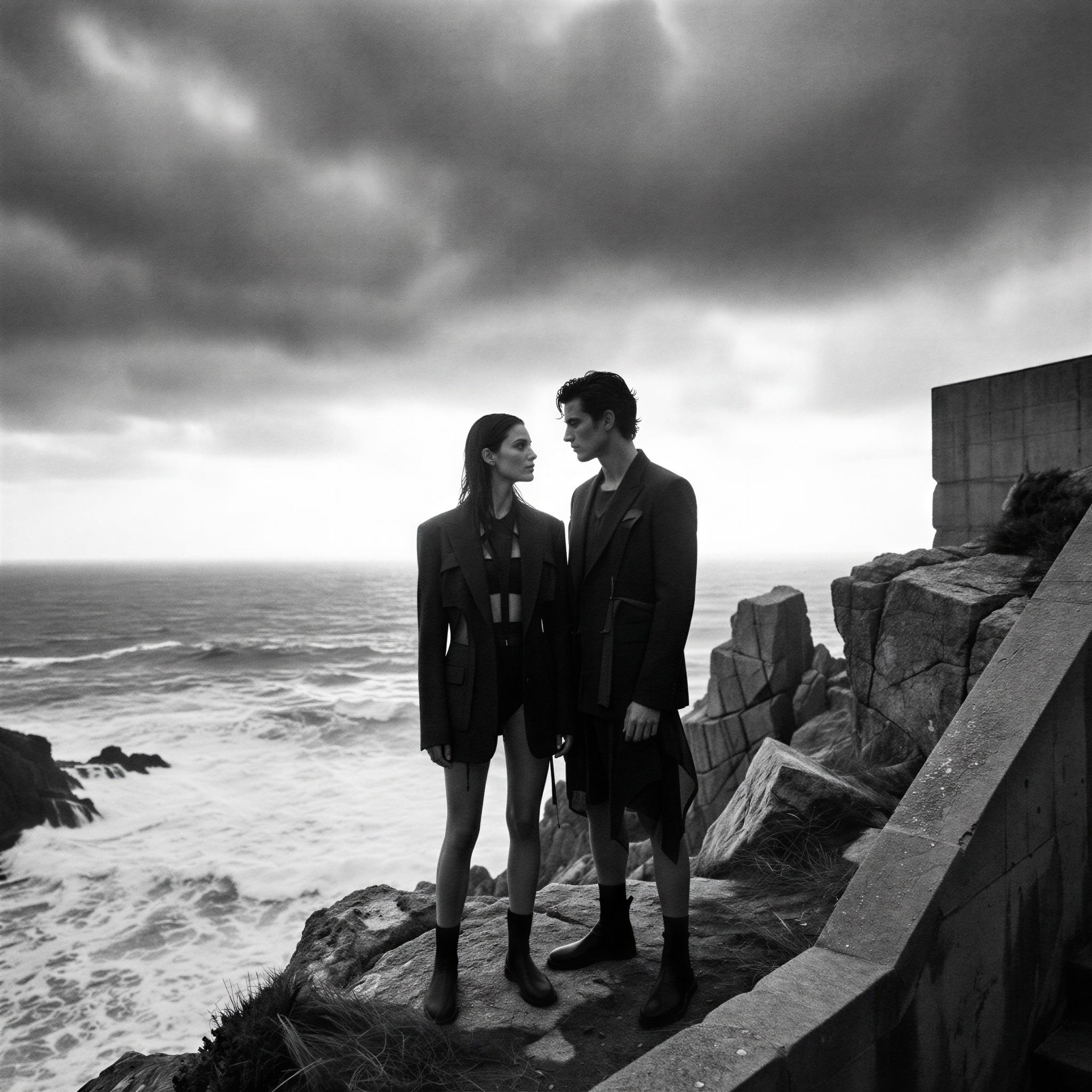 Vogue editorial style, stylish couple standing on windswept dramatic coastline, moody overcast lighting creating high contrast, powerful confident connection, contemporary high fashion beachwear, strong geometric composition, sophisticated ocean drama, powerful elegance, fine art photography quality