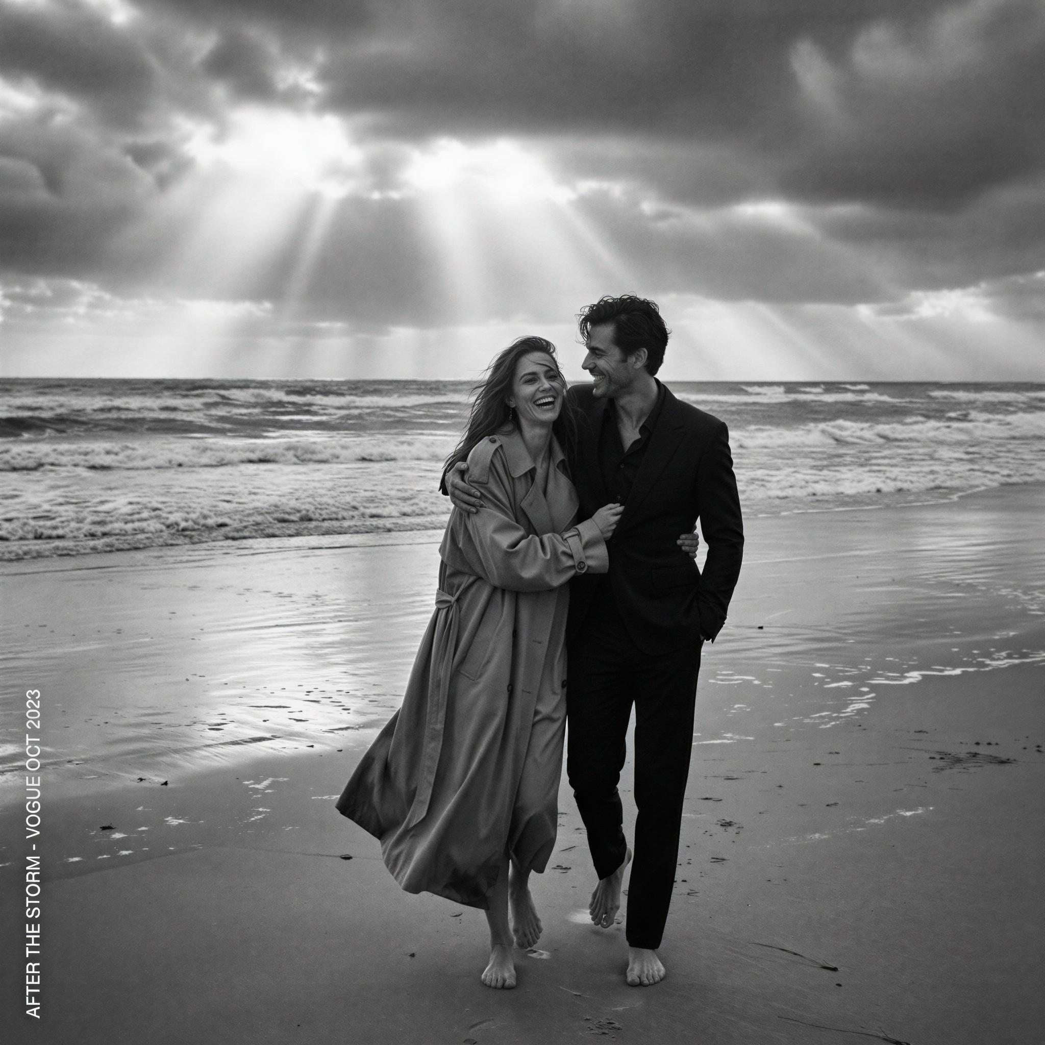 Vogue editorial style, couple walking barefoot on wet sand after a storm, dramatic natural light breaking through dark clouds, moody atmospheric ocean backdrop, strong emotional connection, confident stride, high contrast black and white, editorial framing, sophisticated, cinematic quality photo.