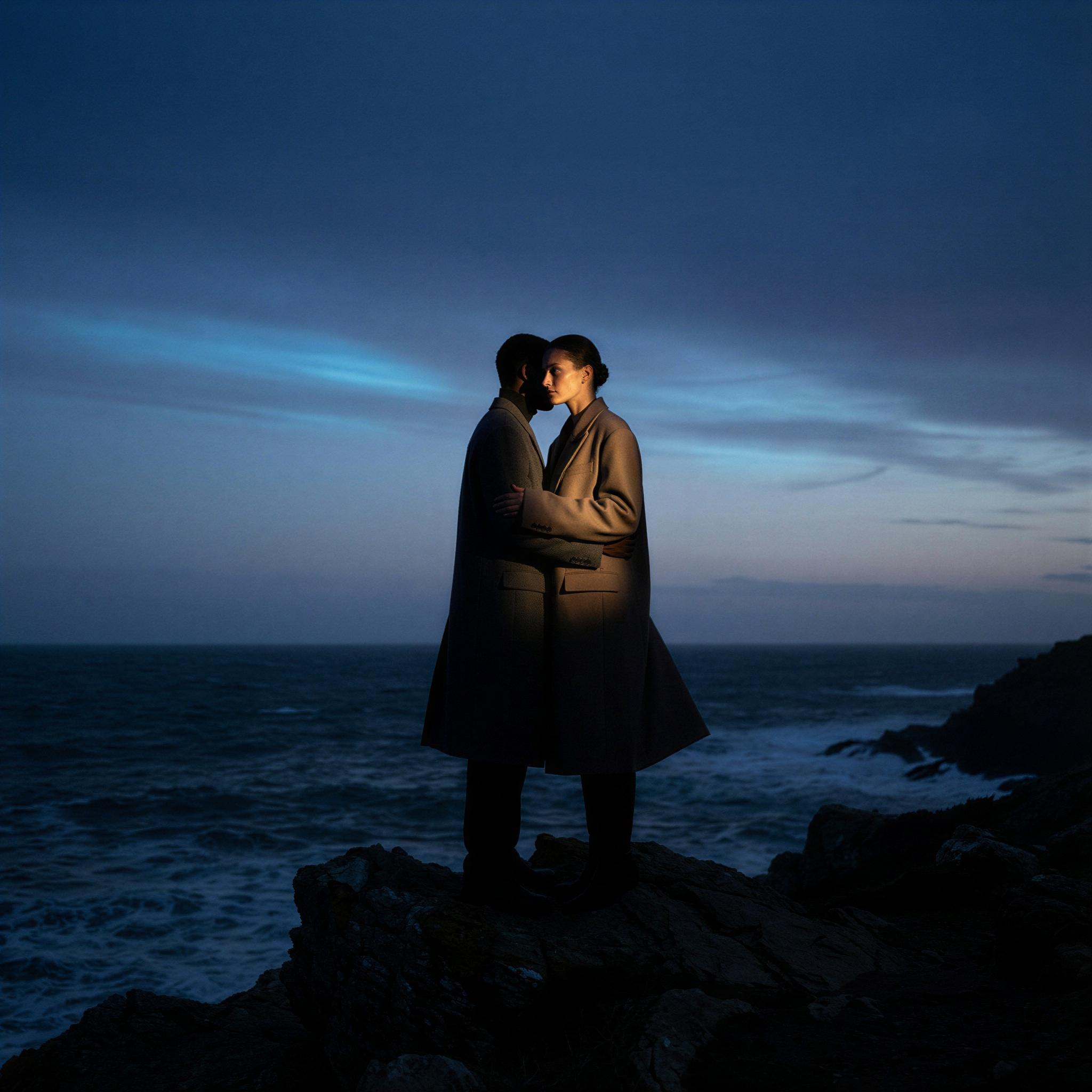 Vogue editorial style, stylish couple standing on rugged coastline during soft twilight, cool blue ambient light mixed with dramatic spotlighting, confident and powerful connection, high-fashion contemporary styling, minimalist composition emphasizing silhouette, fine art photography quality, moody and captivating atmosphere