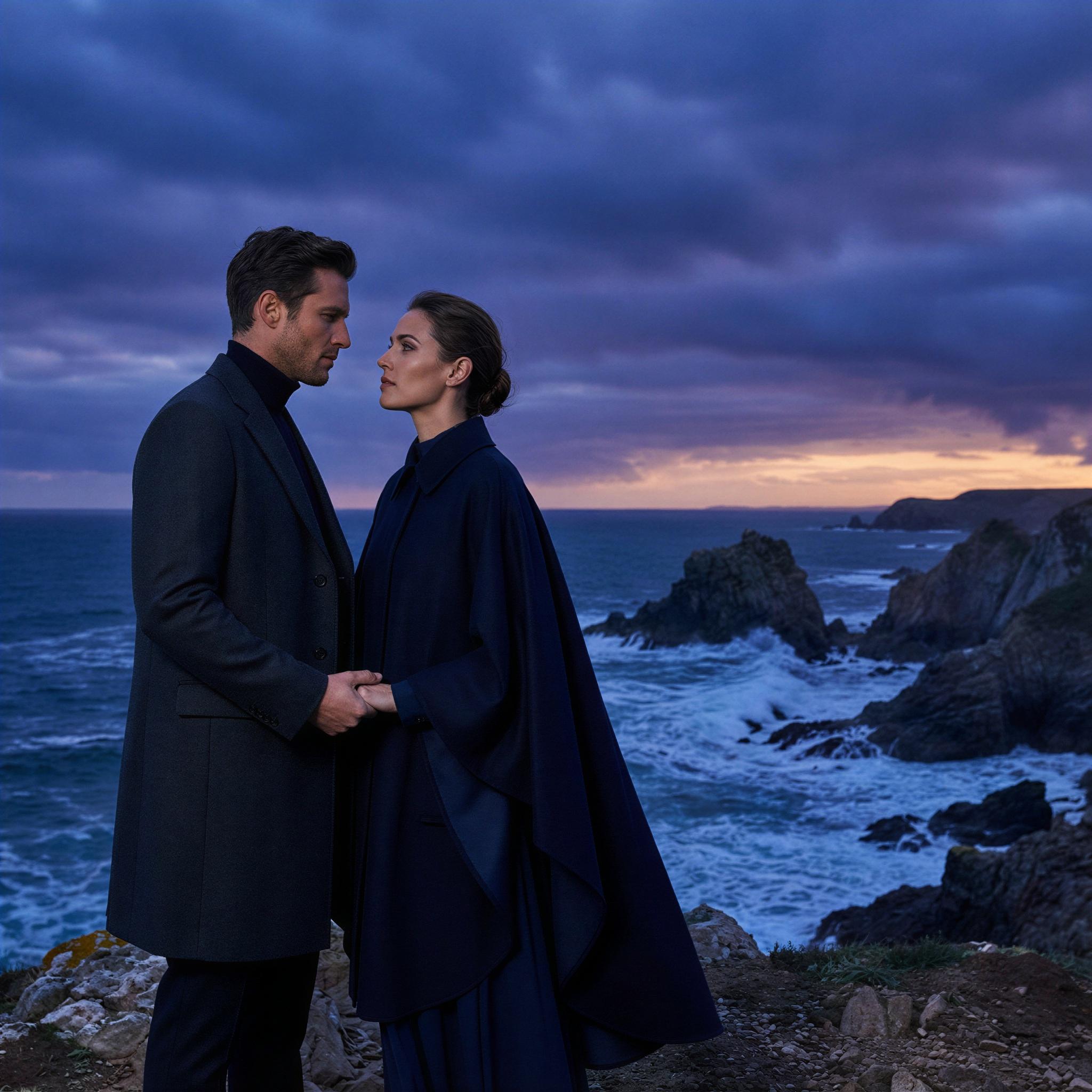 Vogue editorial style, couple standing on rugged coastline during dramatic twilight, powerful atmospheric natural light with deep blue hues, confident and connected stance, high-fashion outerwear, intense emotional connection, cinematic wide shot composition, crisp detail, editorial fashion photography
