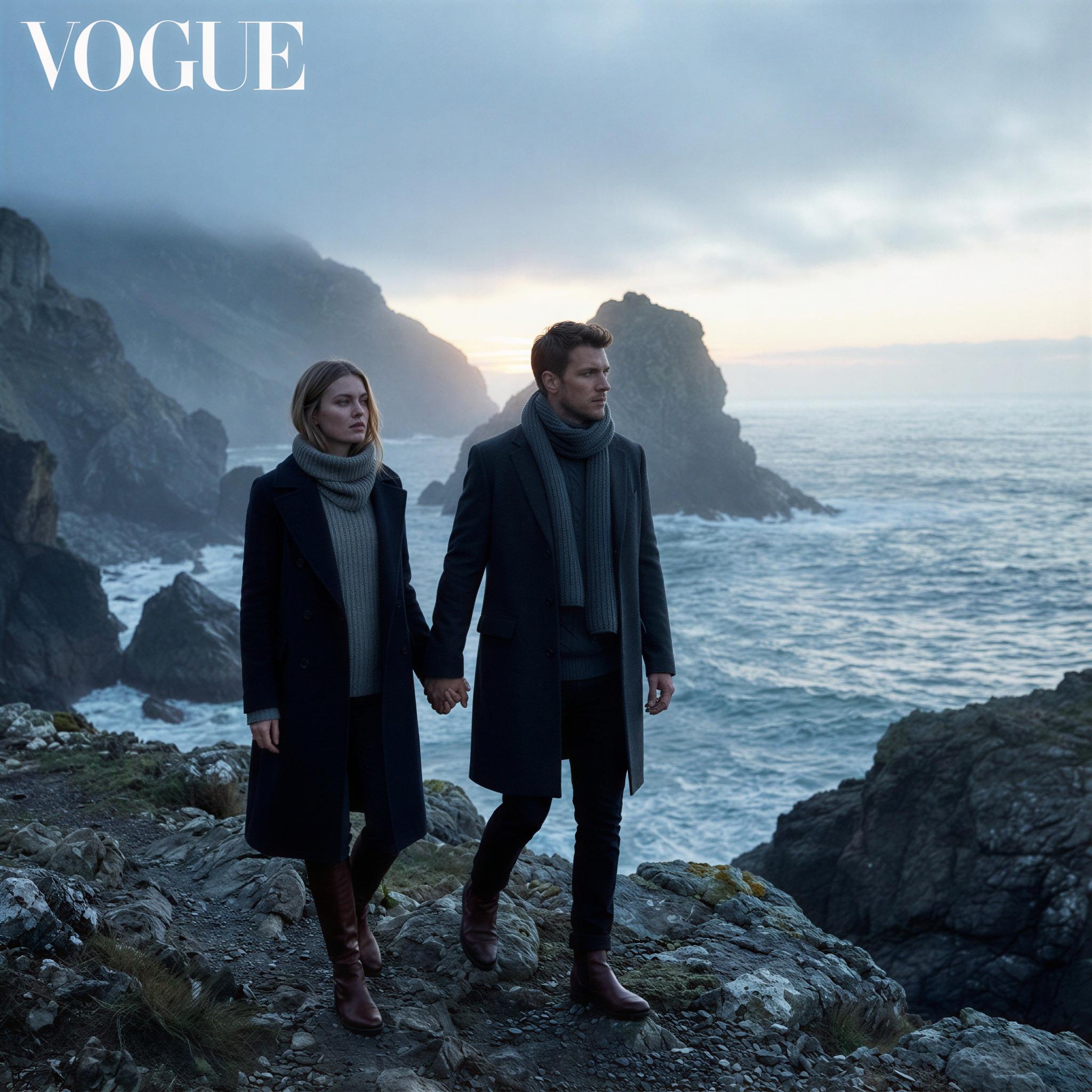 Vogue editorial style, couple walking hand-in-hand along a misty, rugged coastline at dawn, soft diffused natural light creating a cool, ethereal tone, sense of shared adventure and quiet confidence, cinematic wide shot emphasizing the dramatic landscape, high-contrast, sharp focus, premium editorial look