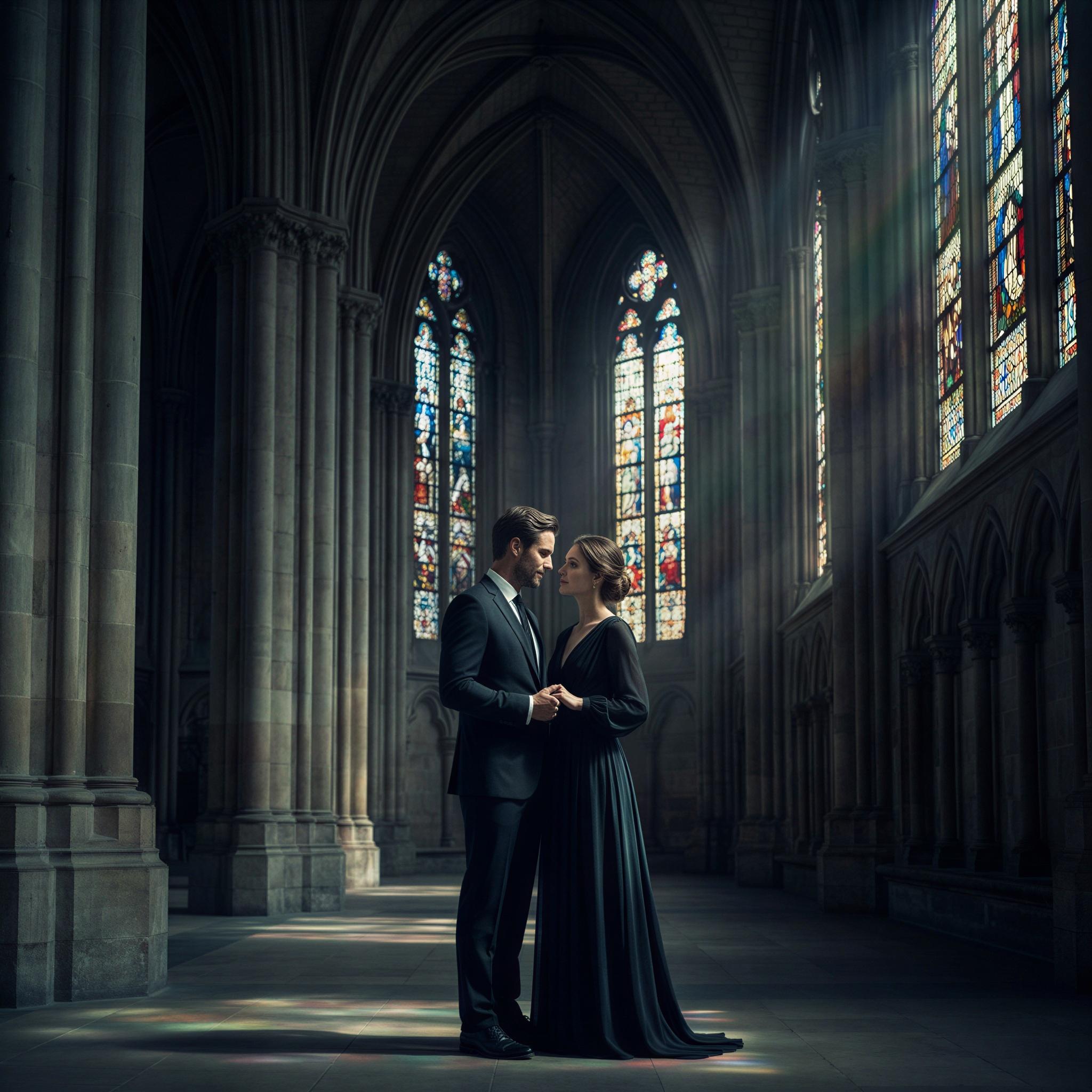 Vogue editorial style, a devoted couple standing within grand cathedral architecture, dramatic high-contrast chiaroscuro lighting filtering through stained glass, profound solemn elegance, deeply connected and serene mood, architectural scale emphasized, classic formal attire, cinematic framing, high-resolution fine art photography