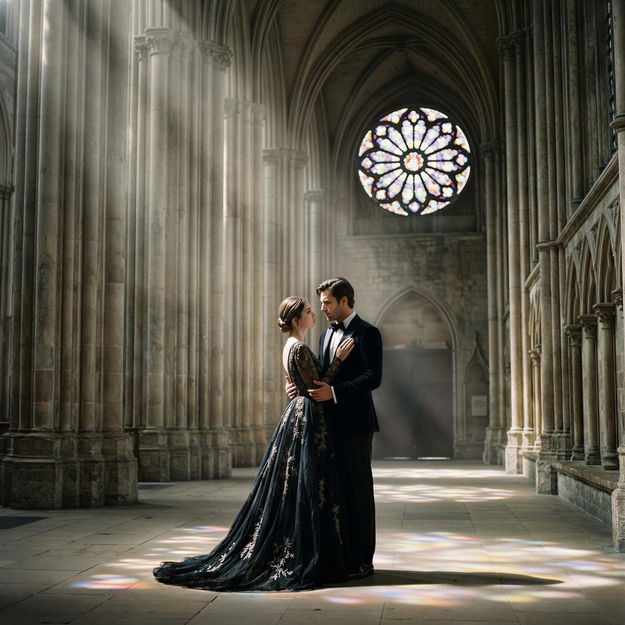 Vogue editorial style, architectural majesty of a grand cathedral interior, dramatic shafts of diffused stained-glass light illuminating the couple, intimate solemn connection, highly elegant formalwear, strong vertical lines composition, profound romantic mood, hyper-detailed texture, fine art wedding photography aesthetic