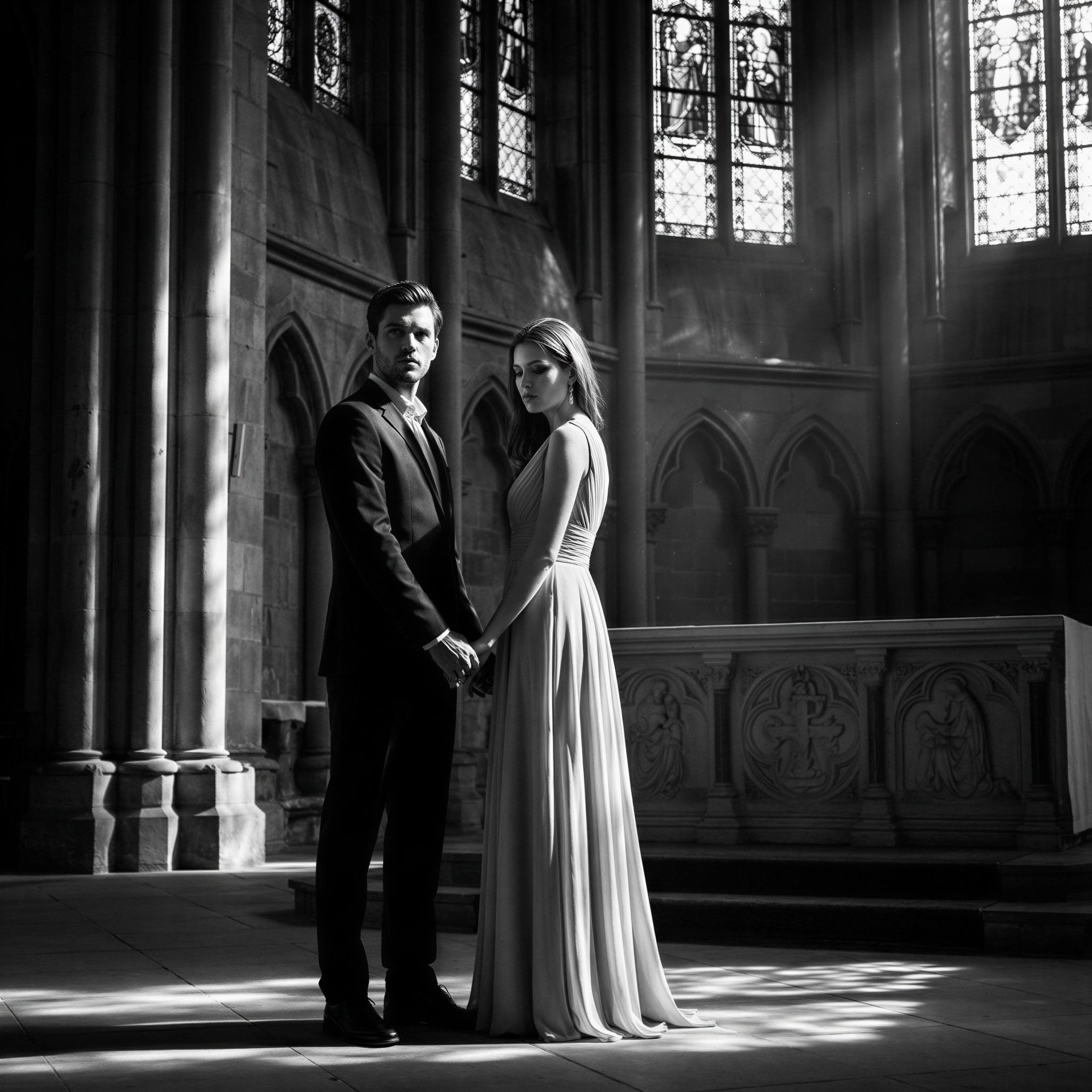 Vogue editorial style, sophisticated couple within a grand cathedral interior, dramatic chiaroscuro studio lighting filtering through stained glass, mood of solemn elegance and enduring commitment, architectural detail focus, clean composition, high contrast fashion photography, ethereal and timeless feeling