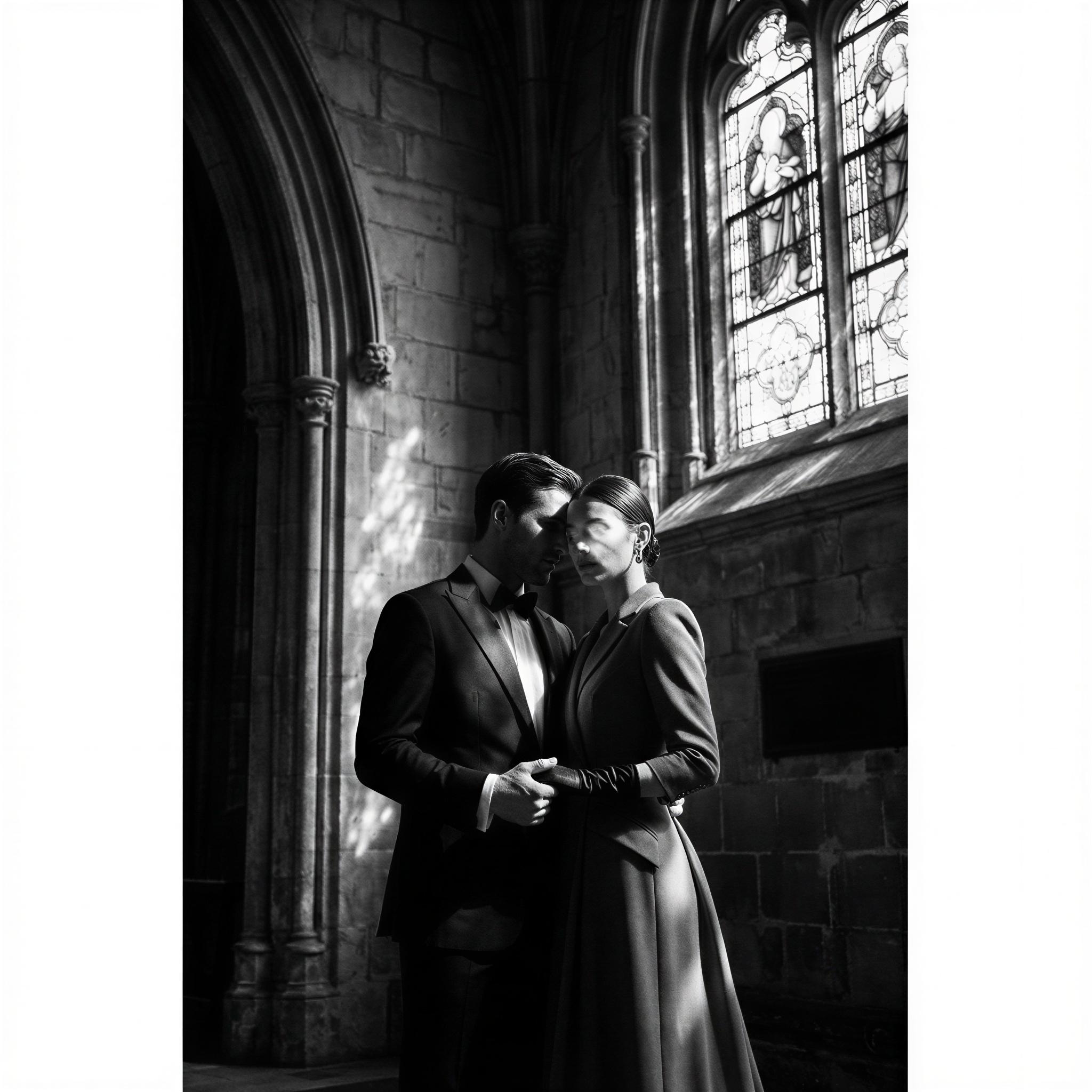 Vogue editorial style, architectural close-up inside a grand cathedral, dramatic stained-glass lighting illuminating two figures in formal wear, reverent and elegant mood, hushed sacred atmosphere, intimate connection, vertical composition focusing on texture and shadow, high-contrast black and white film aesthetic, professional luxury photography.