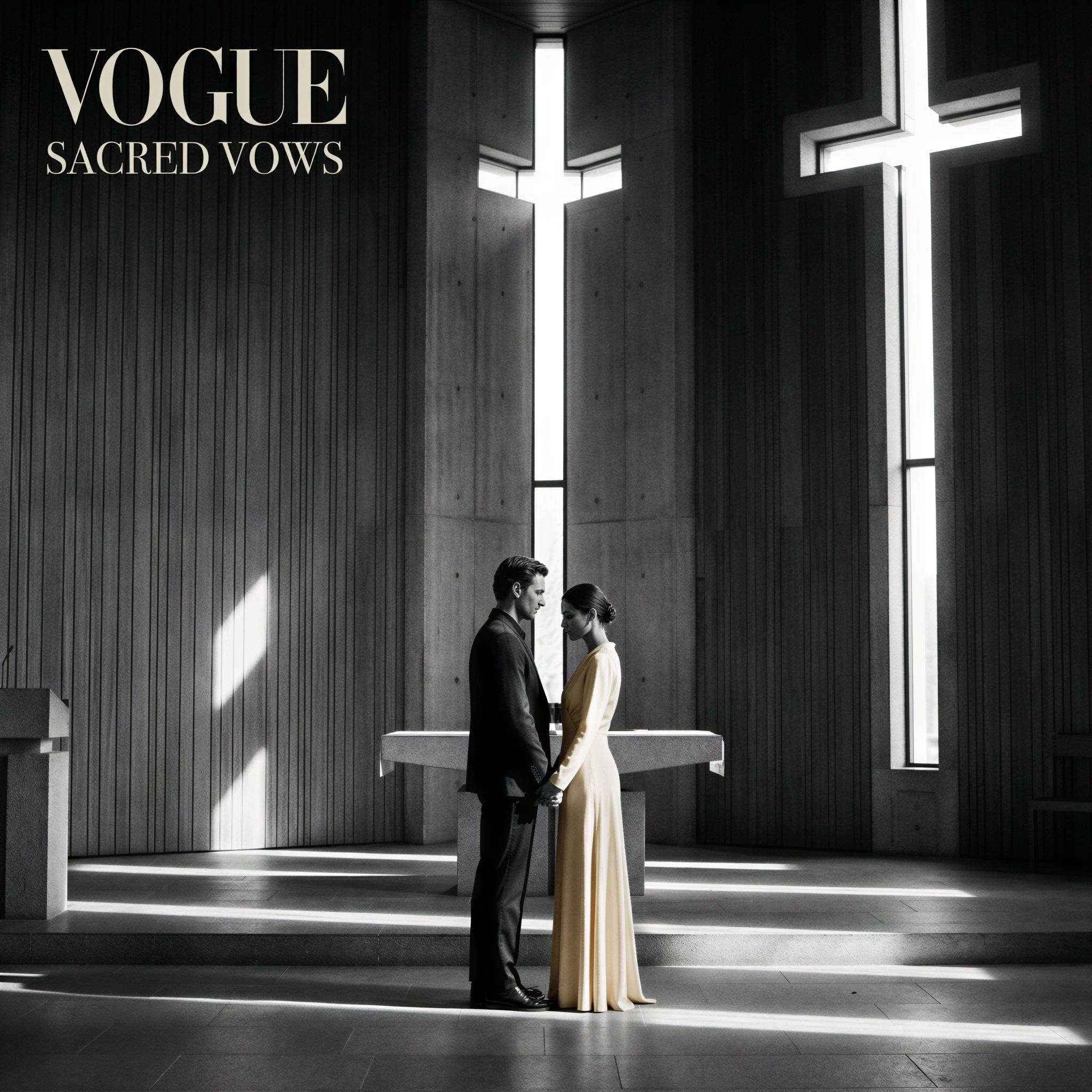 Vogue editorial style, sophisticated couple posing inside a minimalist contemporary church setting, dramatic chiaroscuro lighting filtering through tall windows, mood of profound commitment and serene elegance, architectural focus, intimate yet grand composition, high contrast, fine art religious portraiture quality
