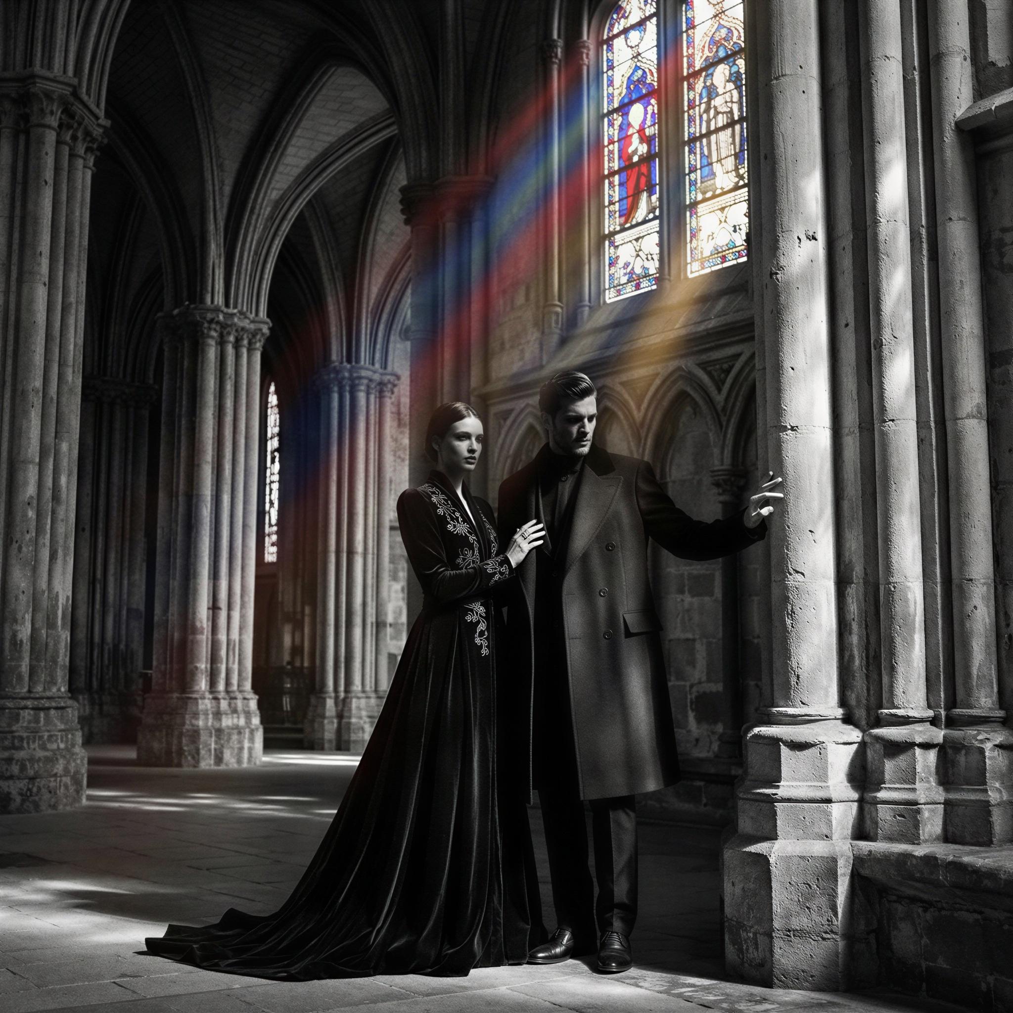 Vogue editorial style, couple standing within grand cathedral architecture, dramatic high contrast chiaroscuro lighting filtering through stained glass, reverent and elegant mood, focusing on texture and architectural lines, high-fashion formalwear, intimate yet grand composition, fine art photography quality