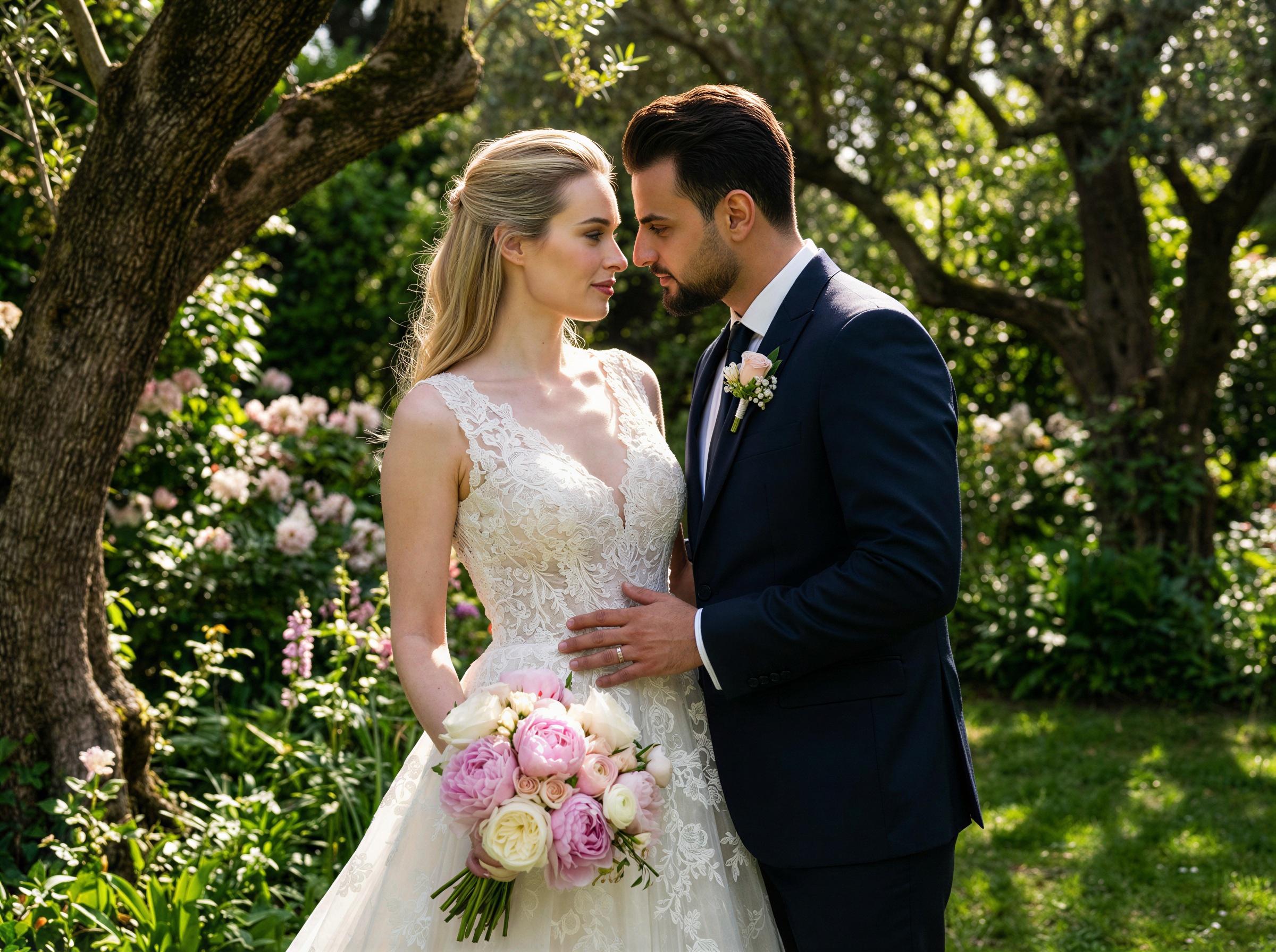 Vogue wedding editorial, garden wedding portrait, lush greenery, natural light filtering through trees, romantic floral setting, editorial composition, intimate couple moment, luxury garden venue, spring wedding atmosphere, professional bridal photography