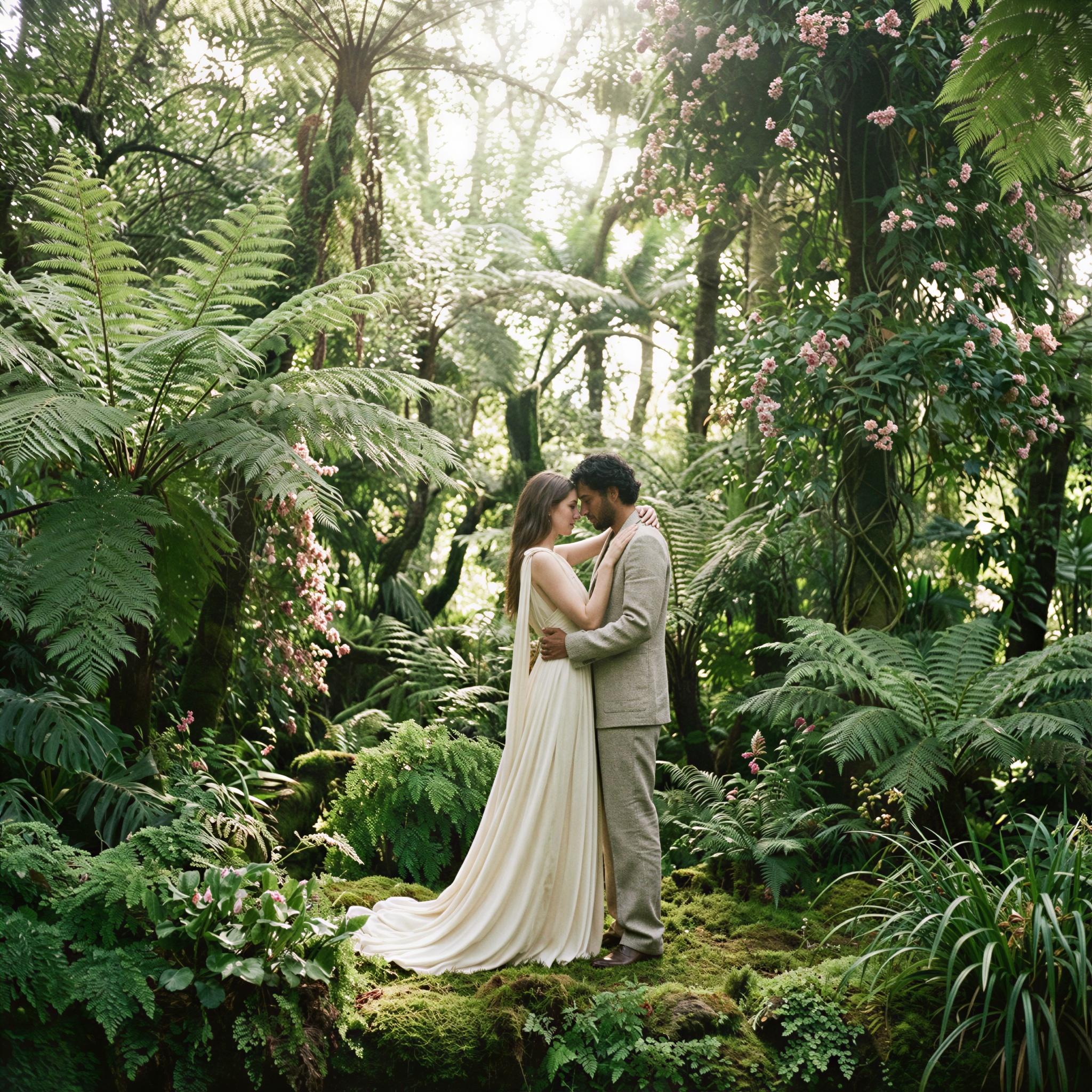 Vogue editorial style, intimate couple surrounded by overgrown lush botanical garden, diffused bright overhead sunlight filtering through leaves, romantic serene mood, soft green hues dominating the palette, high fashion attire contrasting nature, wide-angle composition emphasizing scale, fine art photography quality