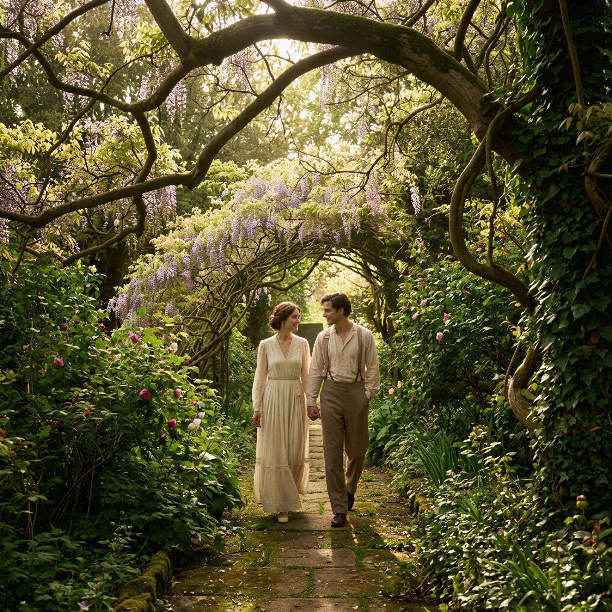 Vogue editorial style, couple strolling through an overgrown secret garden, dappled sunlight filtering through lush foliage, romantic and slightly mysterious tone, rich greens and vibrant florals, intimate connection implied, wide shot capturing scenery, high-resolution fashion editorial quality, serene elegance