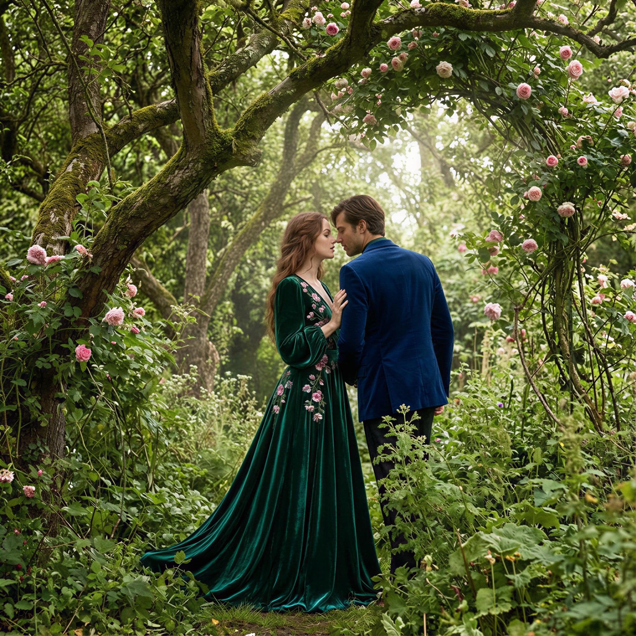 Vogue editorial style, couple amidst overgrown English garden, dappled soft sunlight filtering through dense foliage, romantic ethereal mood, lush botanical setting, intimate whispered moment, deep jewel tones in attire, atmospheric and painterly composition, high-resolution fashion photography