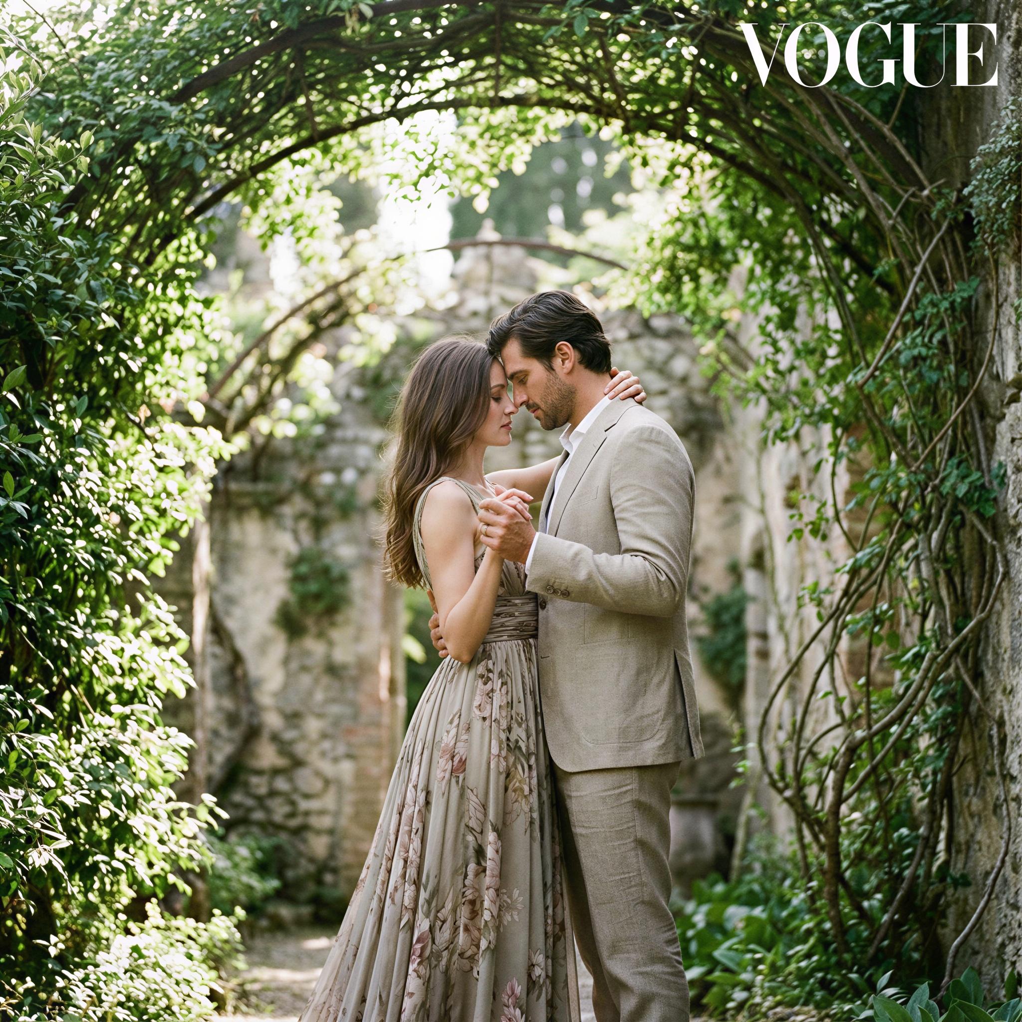 Vogue editorial style, romantic couple amidst an overgrown secret garden, dappled sunlight filtering through dense foliage, lush greenery atmosphere, elegant movement, tender connection, sophisticated high-fashion sensibility, shallow depth of field, high-resolution editorial clarity, intimate narrative moment