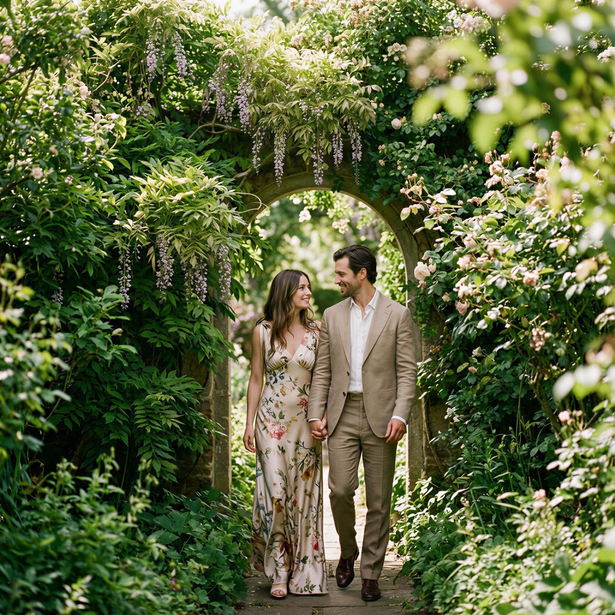 Vogue editorial style, couple walking through a lush secret garden at midday, dappled soft window light filtering through dense foliage, romantic ethereal atmosphere, vibrant natural greens and soft florals, elegant coordinated attire, intimate connection captured mid-stride, high-fashion editorial composition, crisp detail, fine art photography